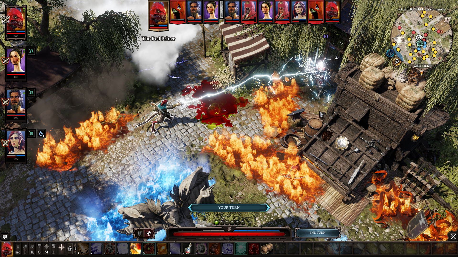 Top-down turn-based fight shows party portraits, a burning battlefield and an action bar.