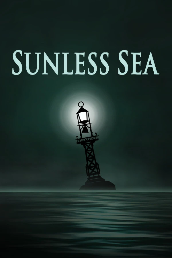 Official Sunless Sea vertical poster with the native title above a glowing sea beacon and its reflection.