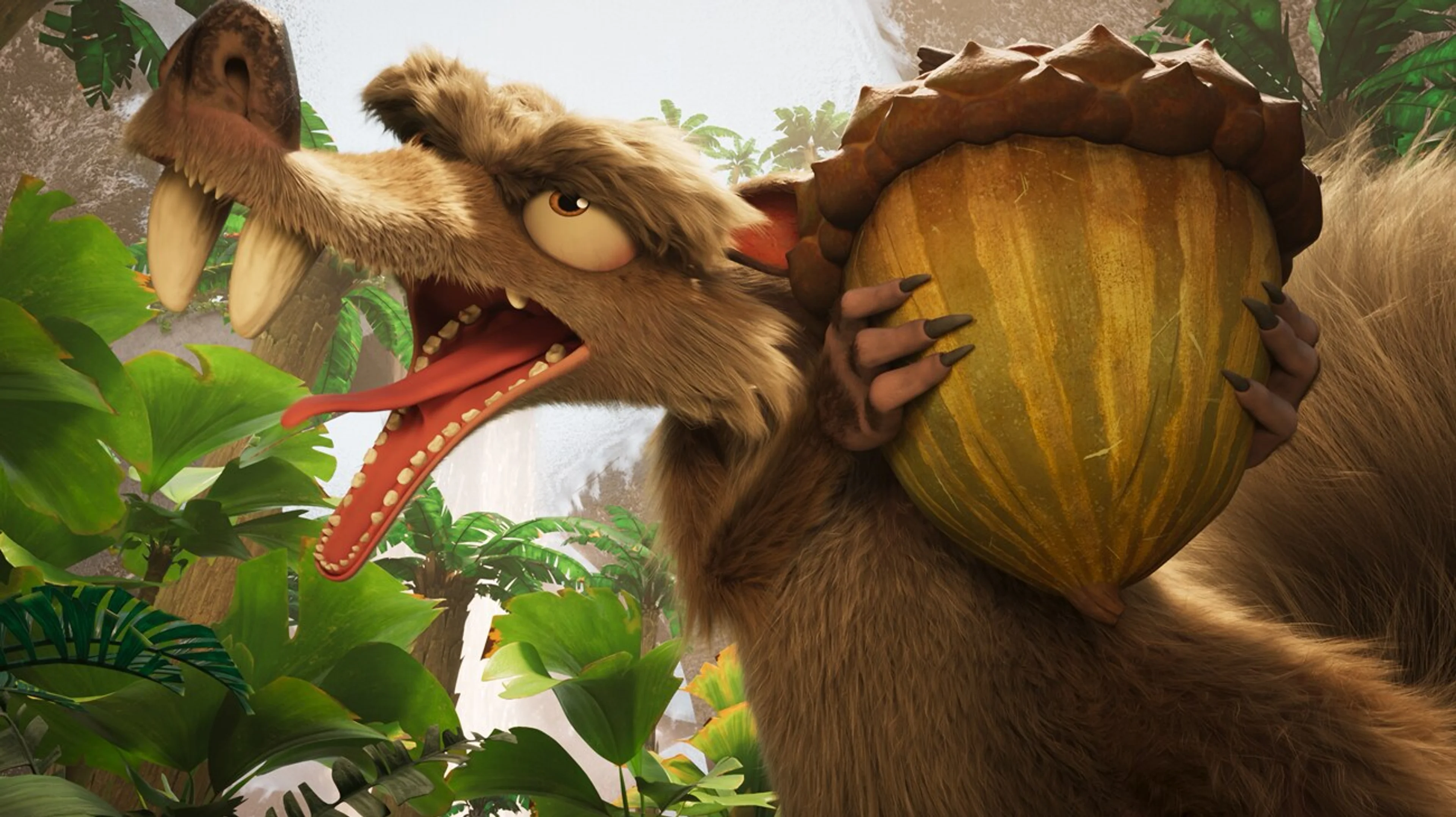 Sid holds a giant fruit in an official Ice Age: Boiling Point still.