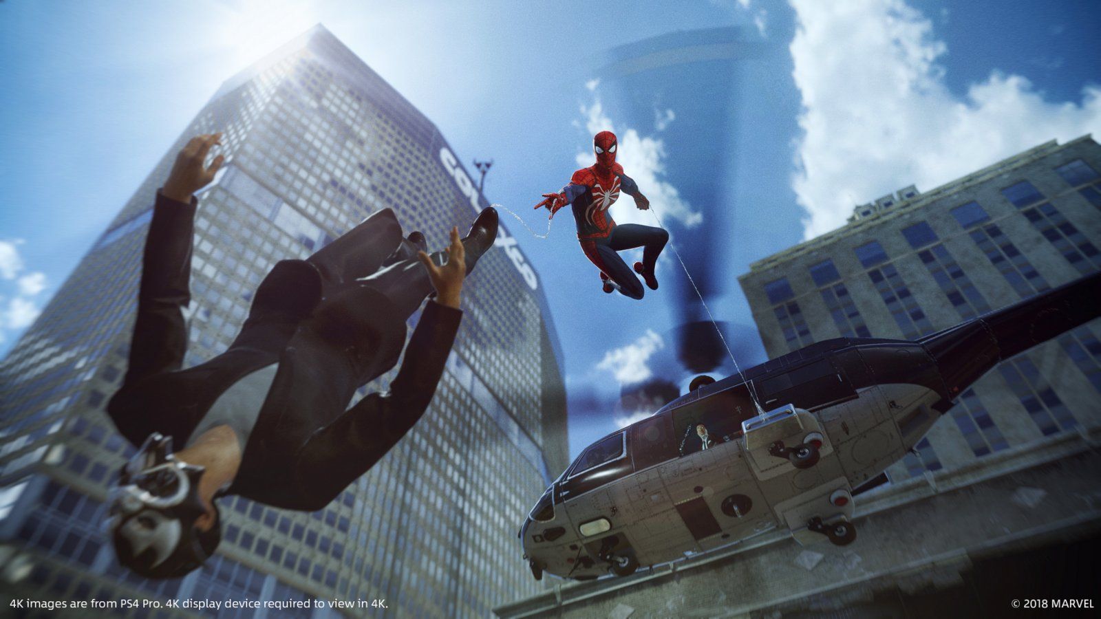 Spider-Man swings above a New York street near a helicopter and a tall glass building.