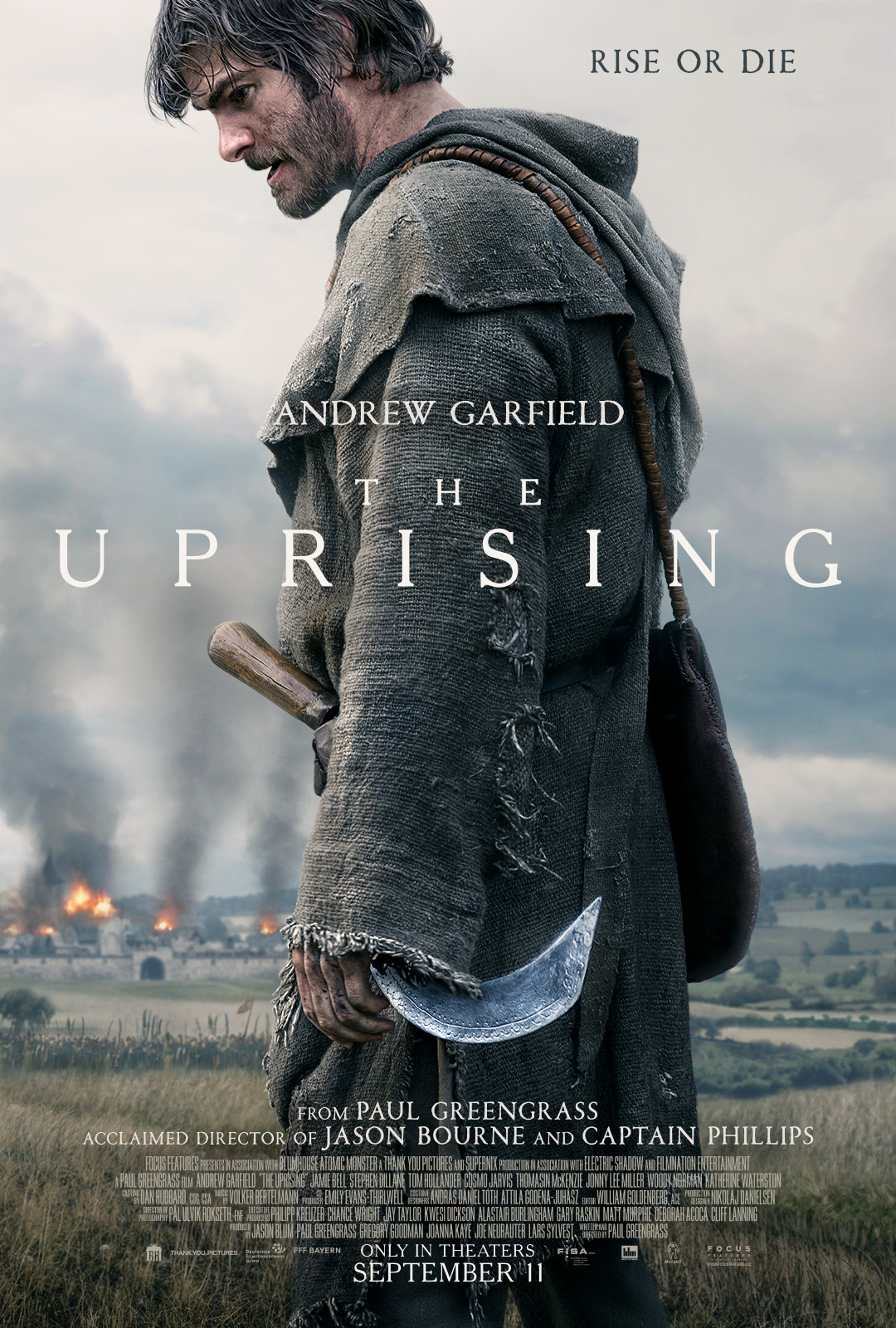 Official poster for The Uprising showing Andrew Garfield as Ploughman holding a curved blade.