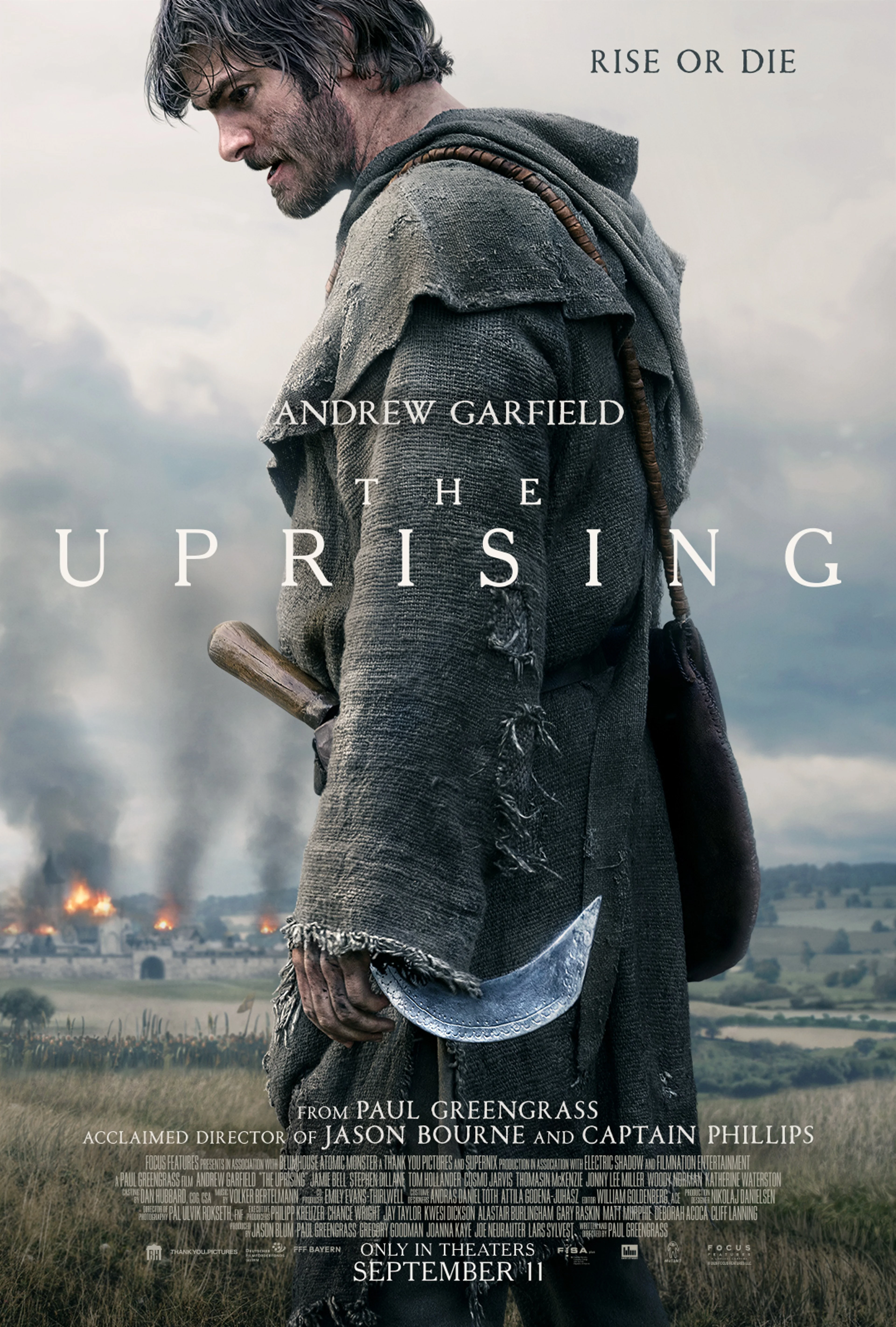 Official poster for The Uprising showing Andrew Garfield as Ploughman holding a curved blade.
