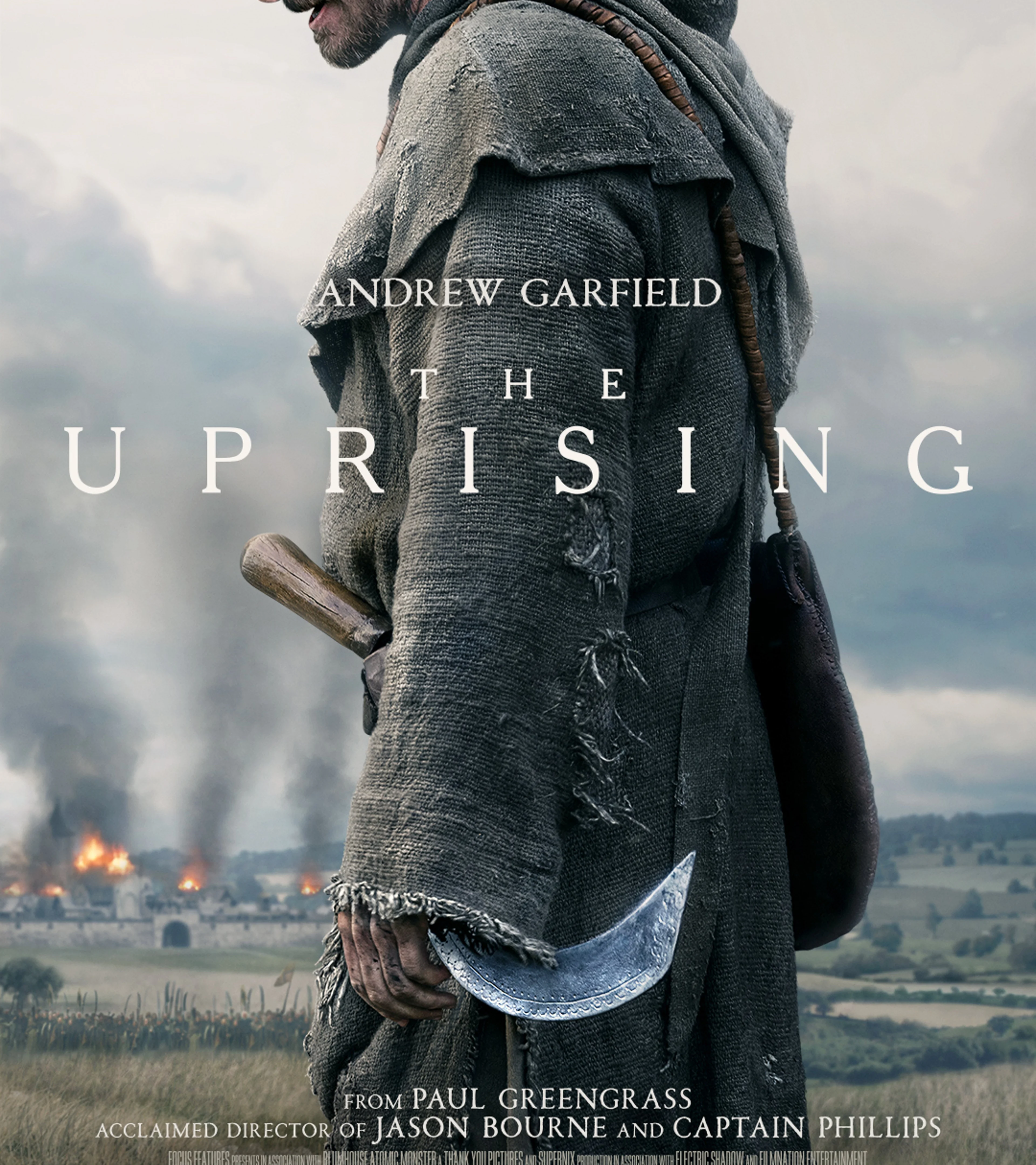 Official poster for The Uprising showing Andrew Garfield as Ploughman holding a curved blade.
