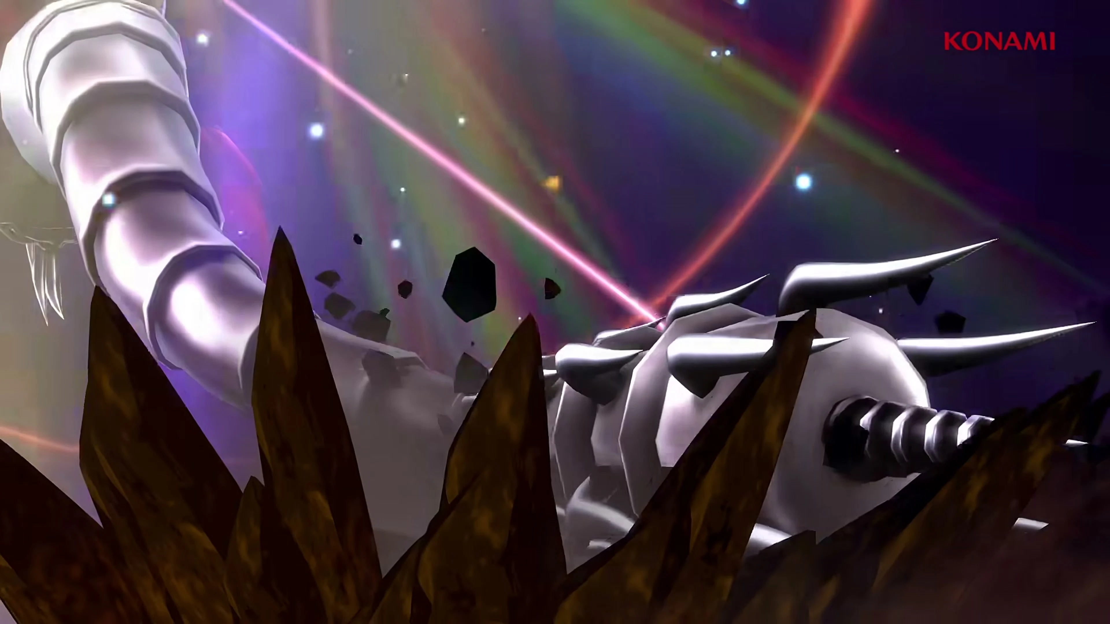 A large armored monster emerges during a duel in Yu-Gi-Oh! TAG FORCE GX.