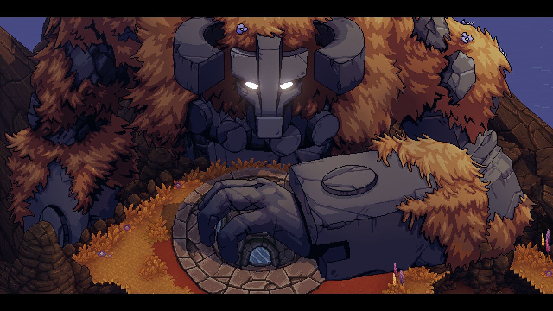 A large stone figure sits in a chamber lit by narrow shafts of light.