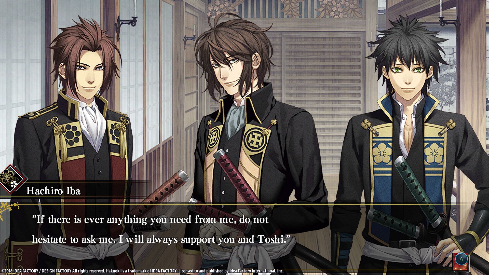 Hachiro Iba and two other characters stand indoors in Hakuoki: Edo Blossoms.