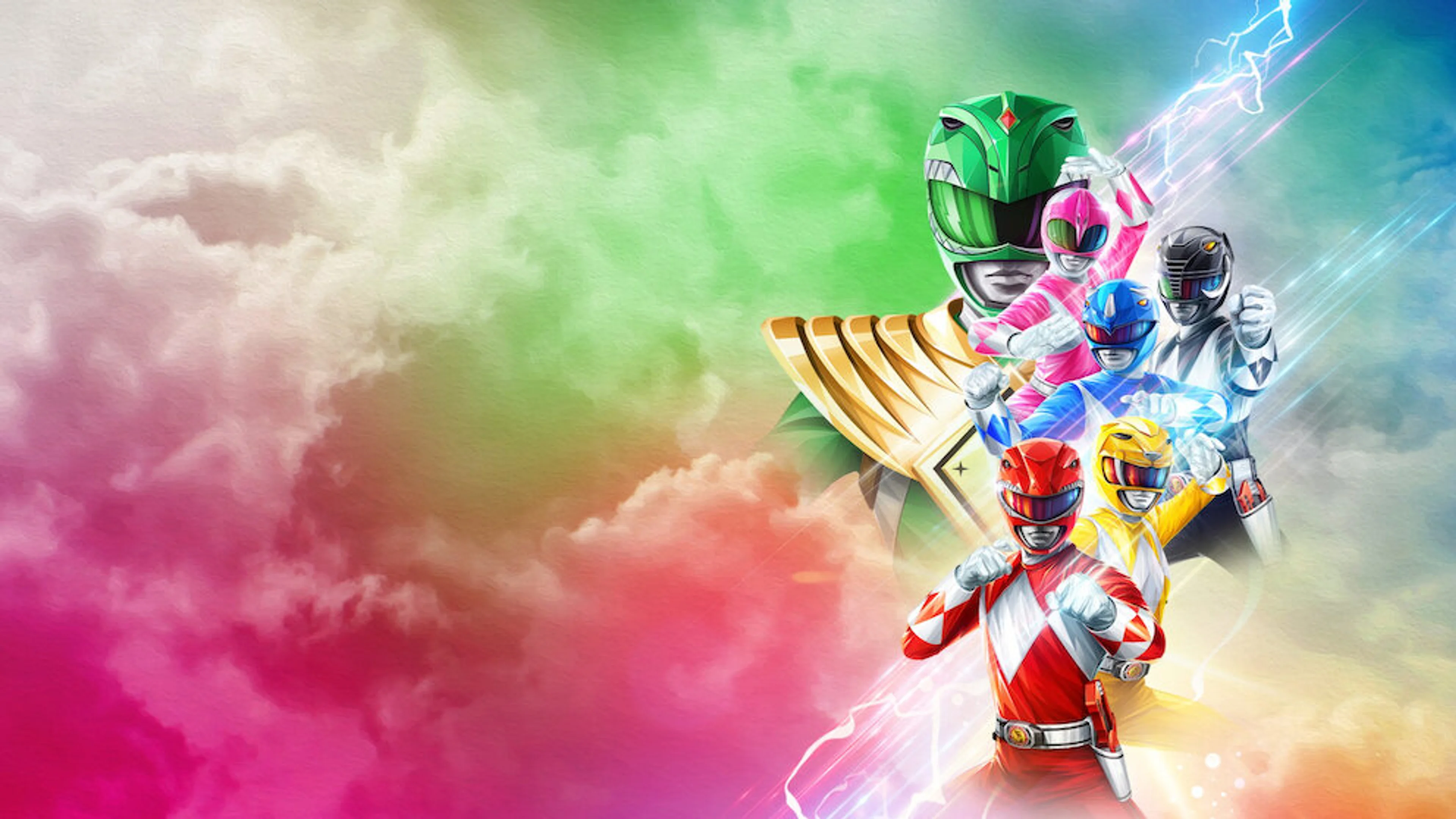 A modern Power Rangers team posed together against colorful smoke.