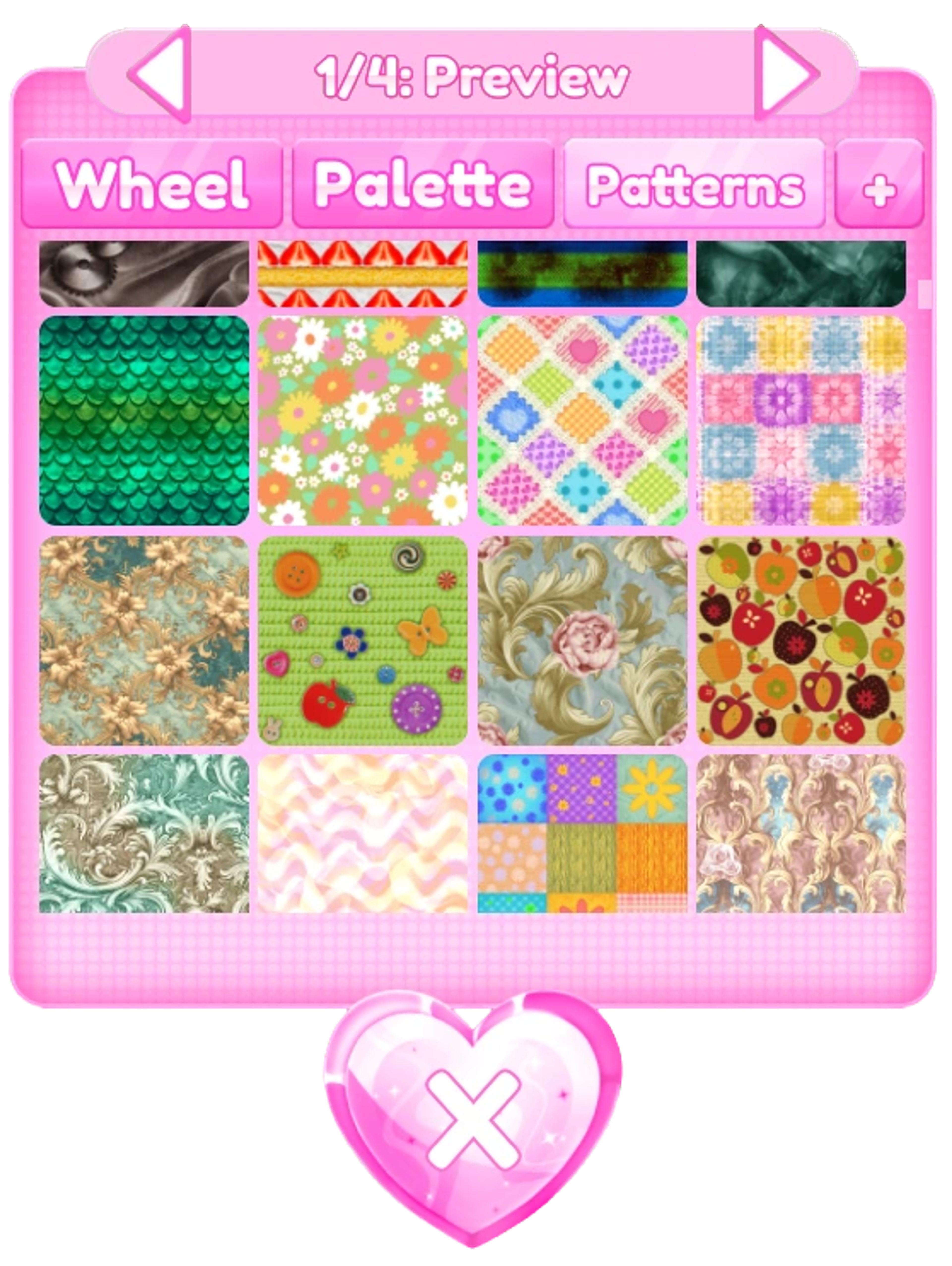Dress To Impress Patterns menu with Wheel, Palette, Patterns, and item-part navigation controls.