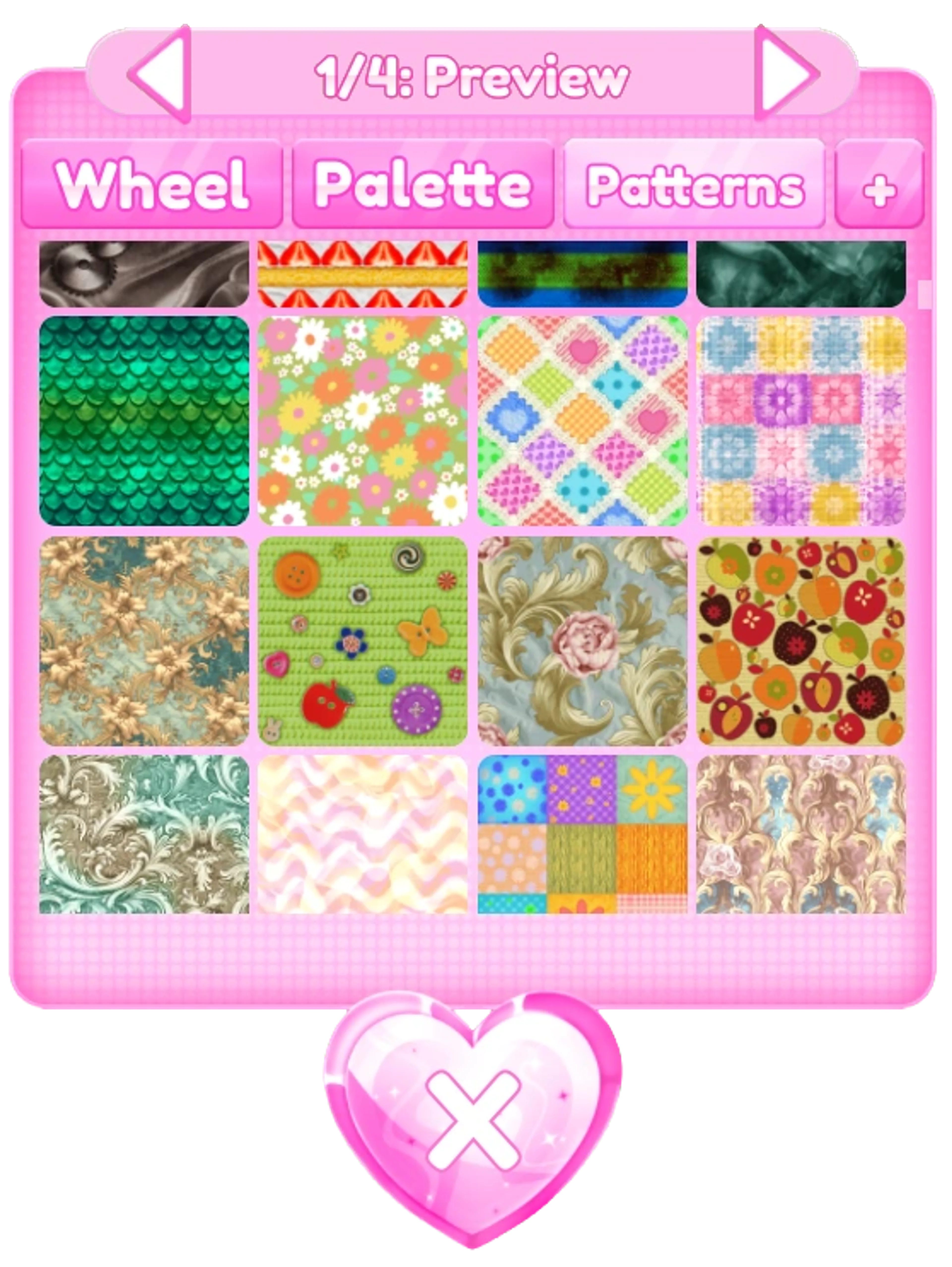 Dress To Impress Patterns menu with Wheel, Palette, Patterns, and item-part navigation controls.