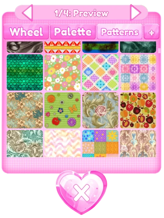 Dress To Impress Patterns menu with Wheel, Palette, Patterns, and item-part navigation controls.