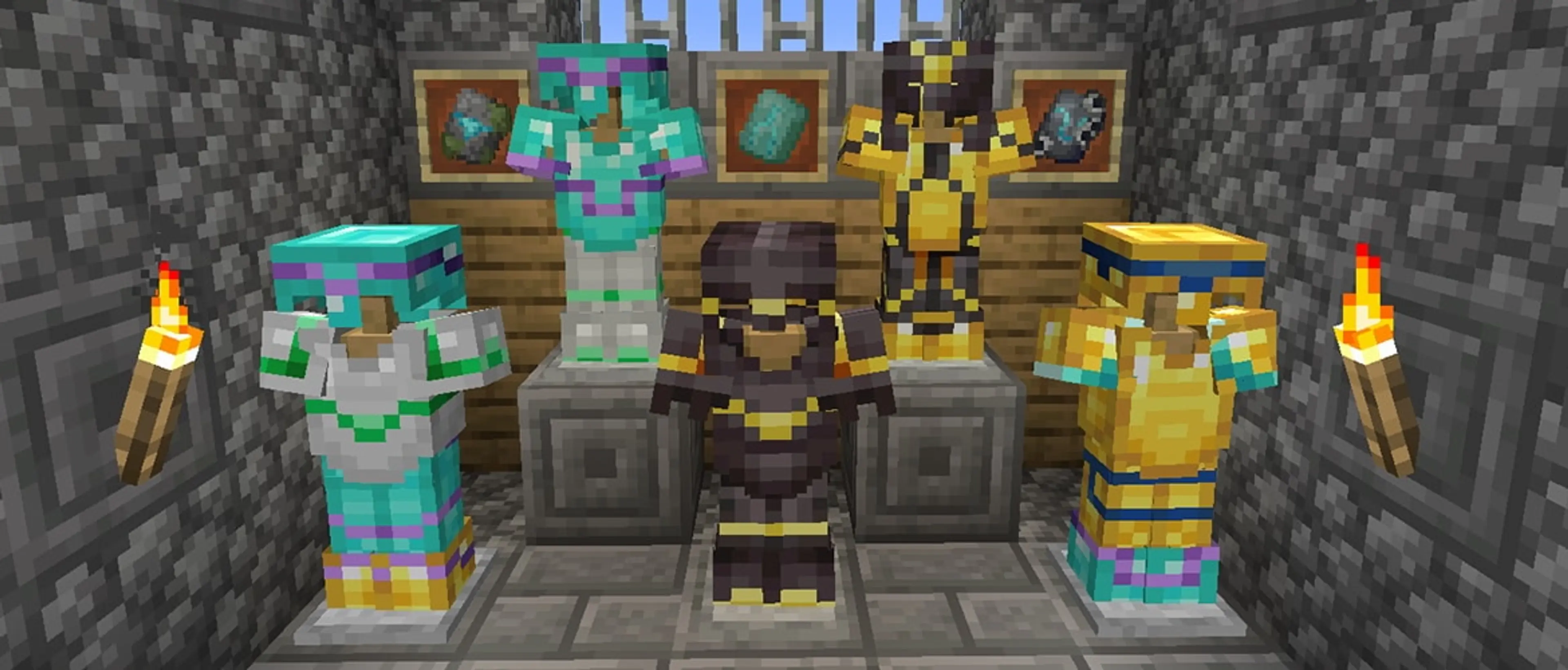 A Minecraft player wearing decorated armor beside a smithing table.