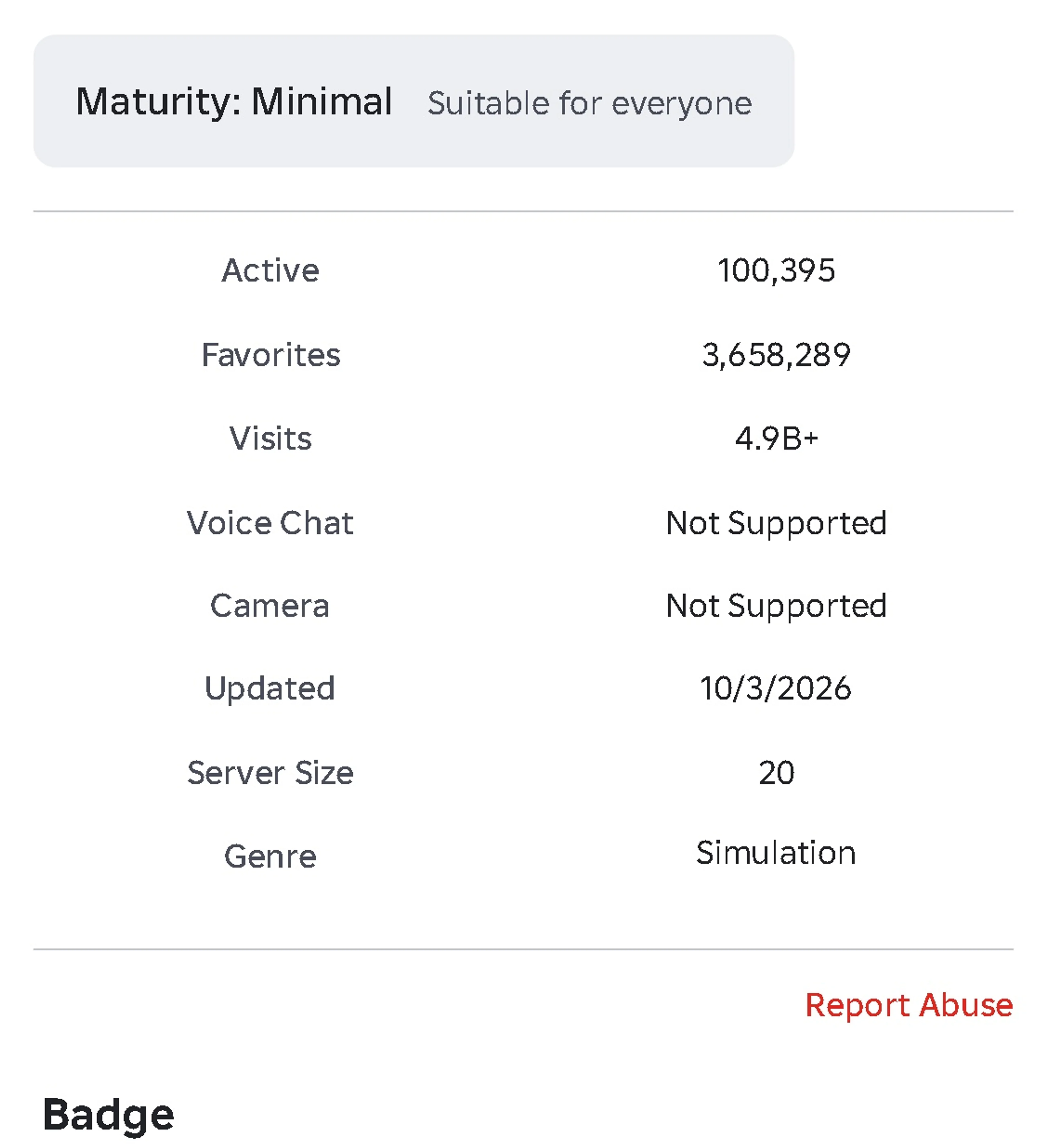 The official Fisch About page lists Active100395, Visits4.9B+ and Server Size20 as separate rows.