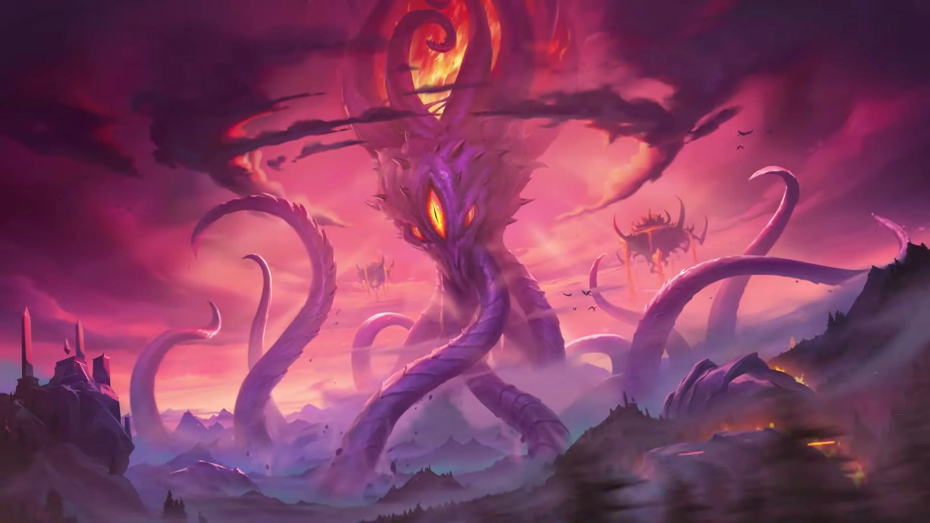 A towering red and purple Old God spreads long tentacles across a corrupted landscape.