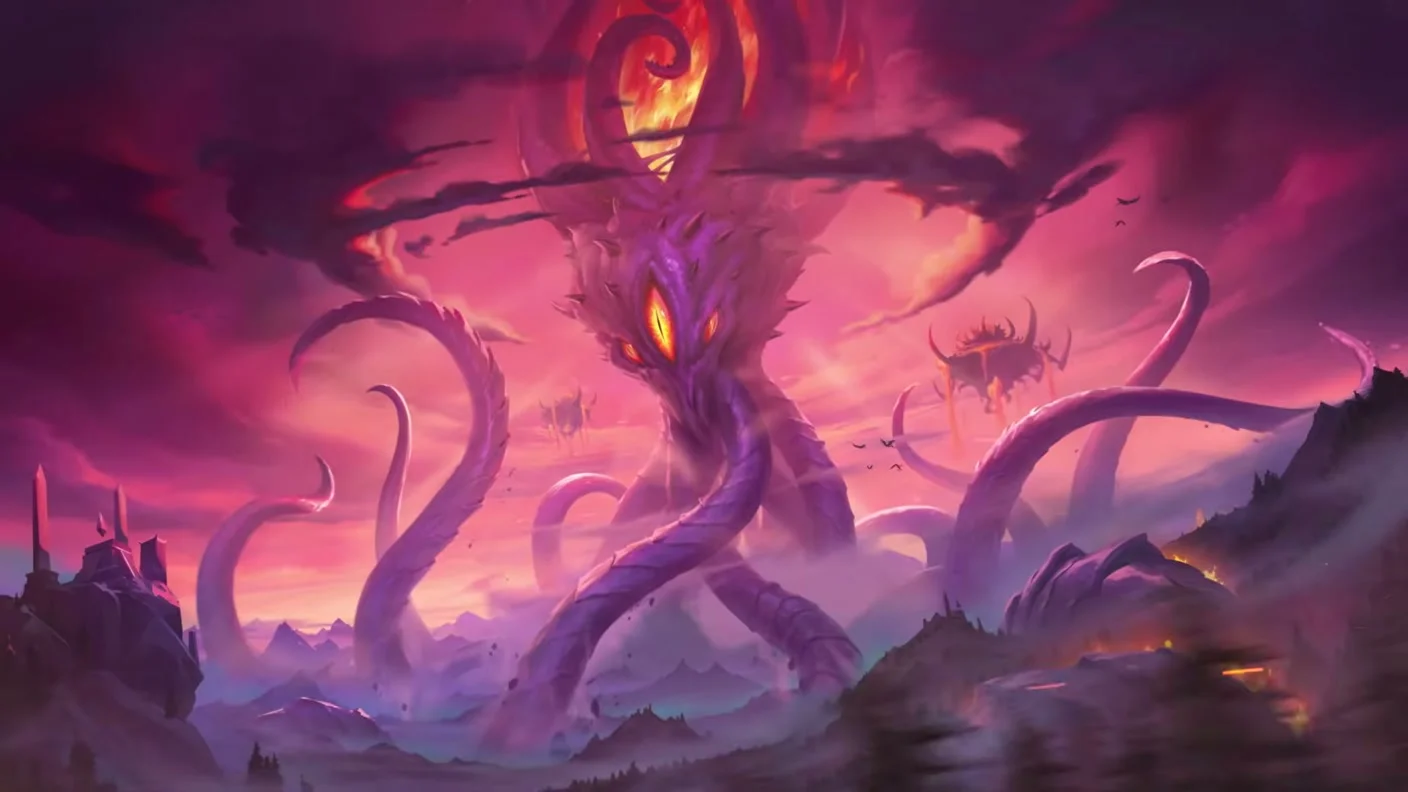 A towering red and purple Old God spreads long tentacles across a corrupted landscape.