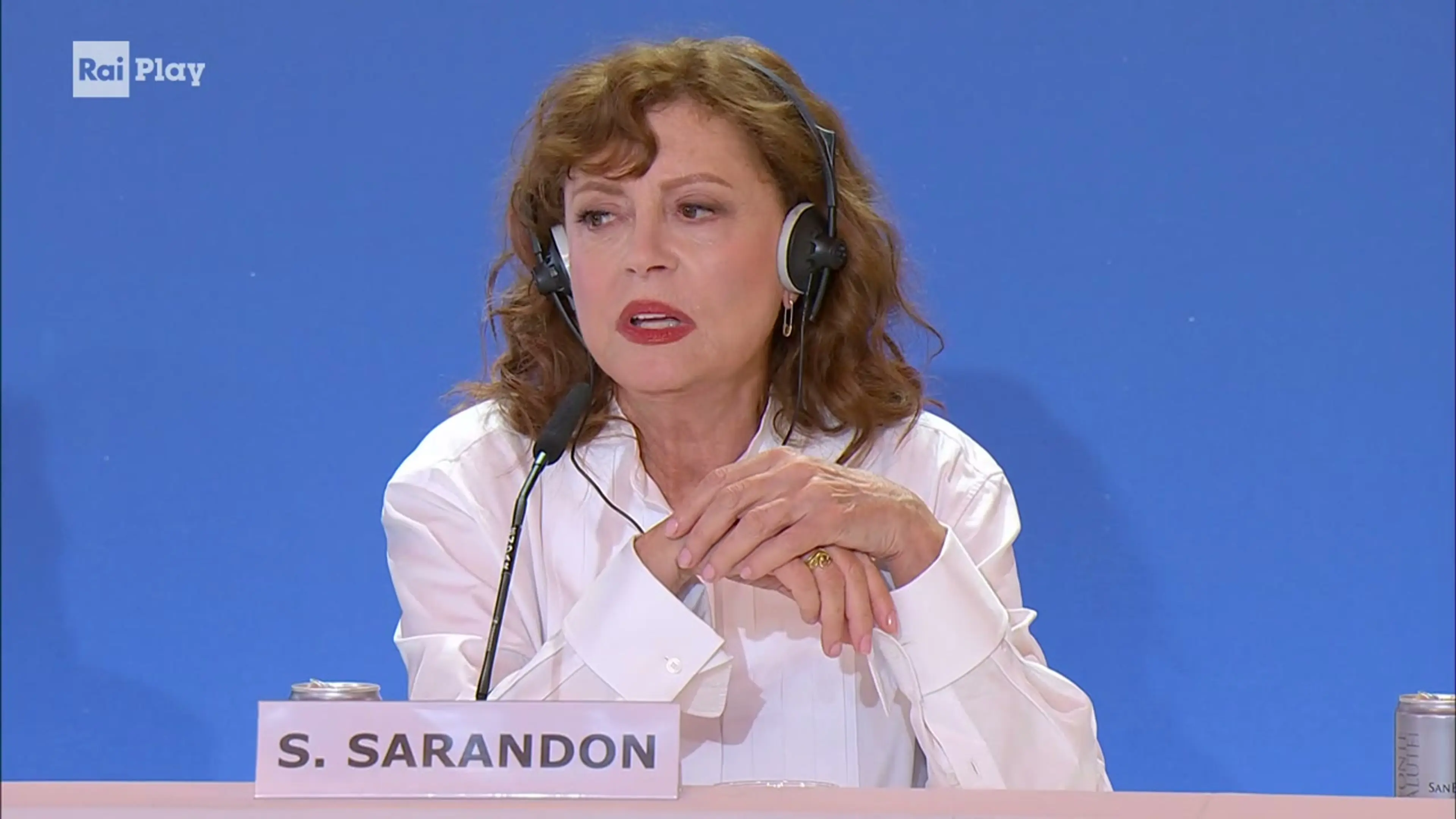 Susan Sarandon speaks at The Echo Chamber press conference during the 2026 Venice Film Festival.