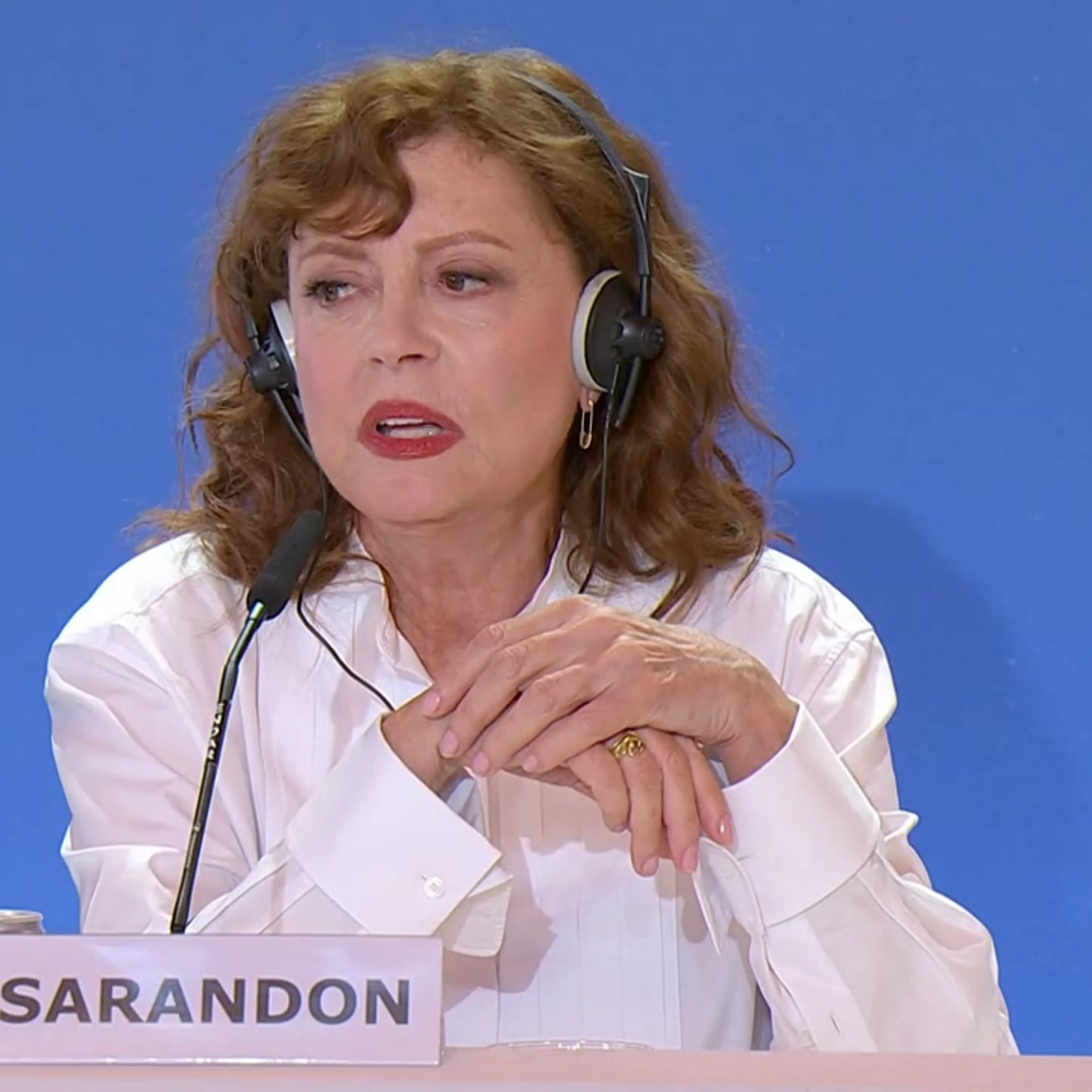 Susan Sarandon speaks at The Echo Chamber press conference during the 2026 Venice Film Festival.
