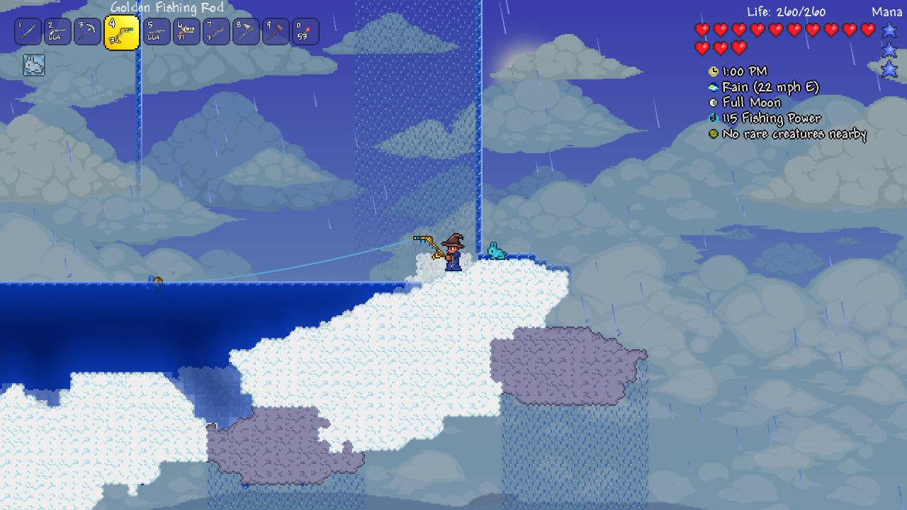 A Terraria player fishes from a snowy island above the clouds.