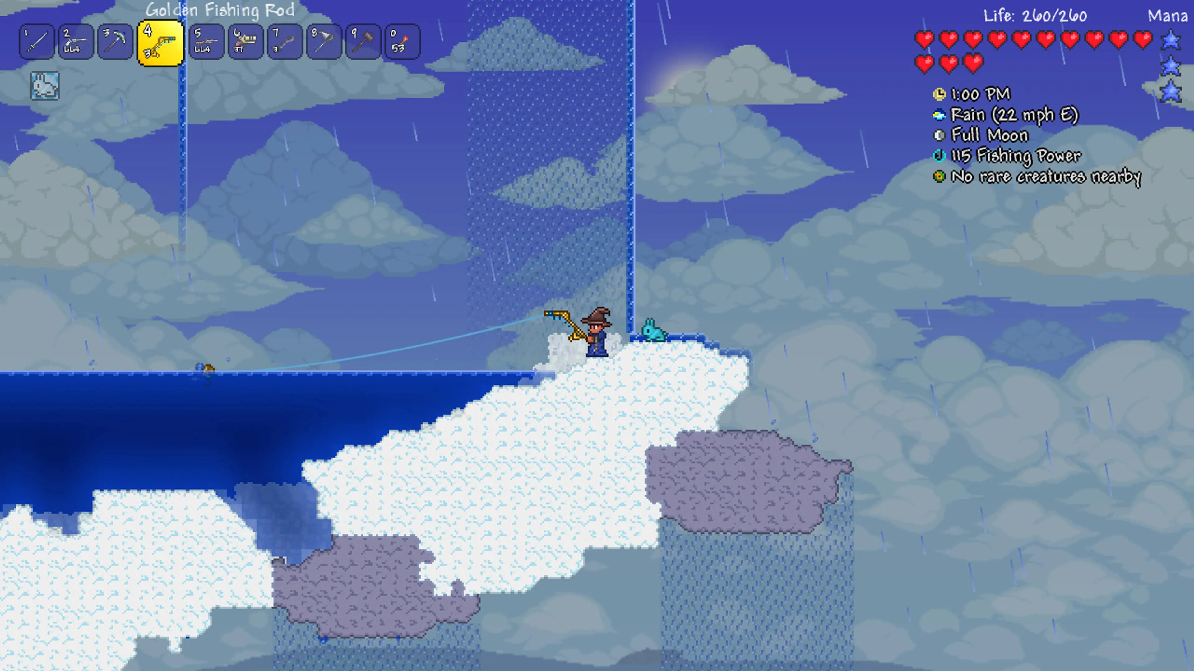 A Terraria player fishes from a snowy island above the clouds.