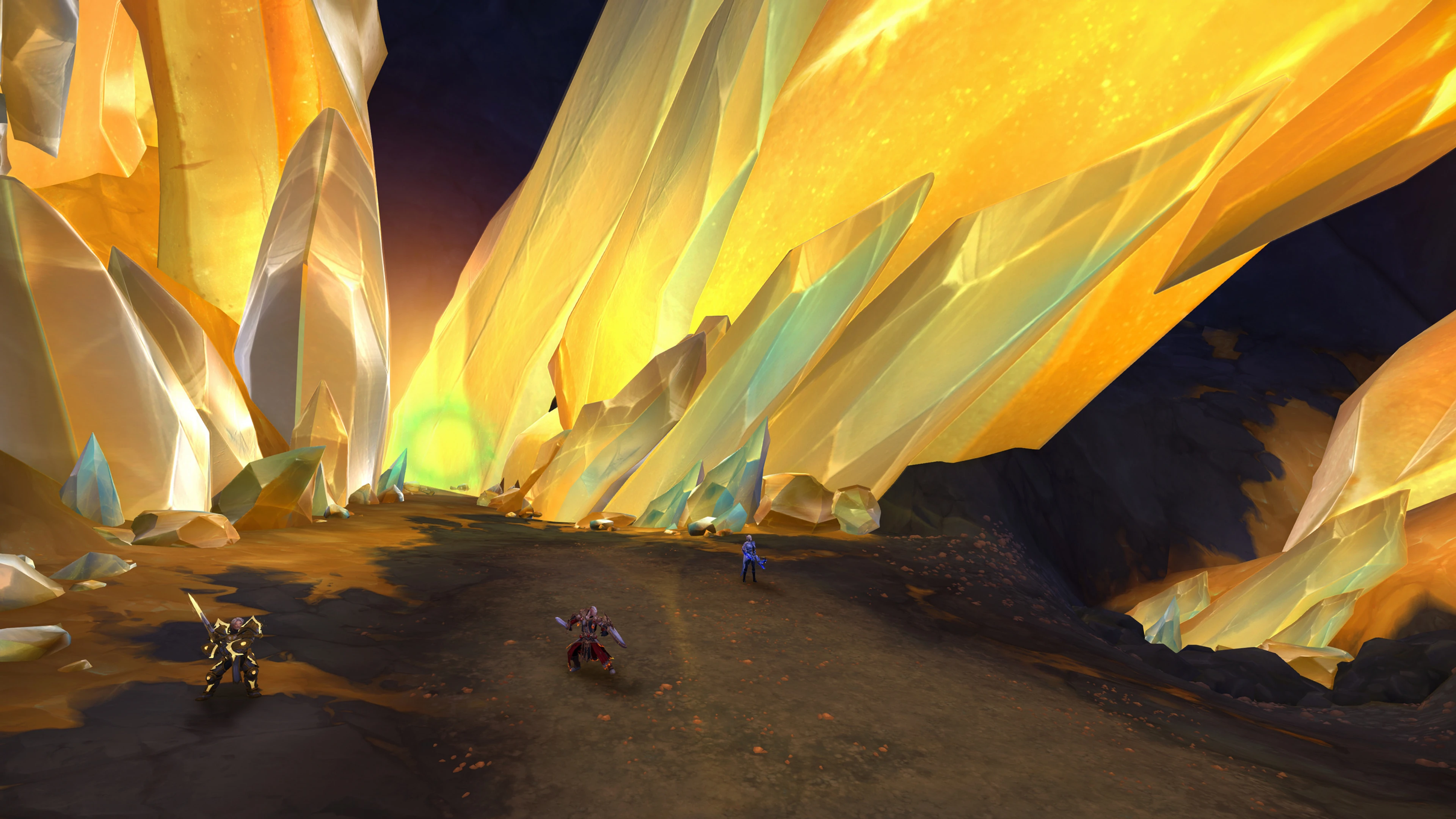 Three player characters stand beneath enormous golden crystals at the entrance to the Worldcore raid.