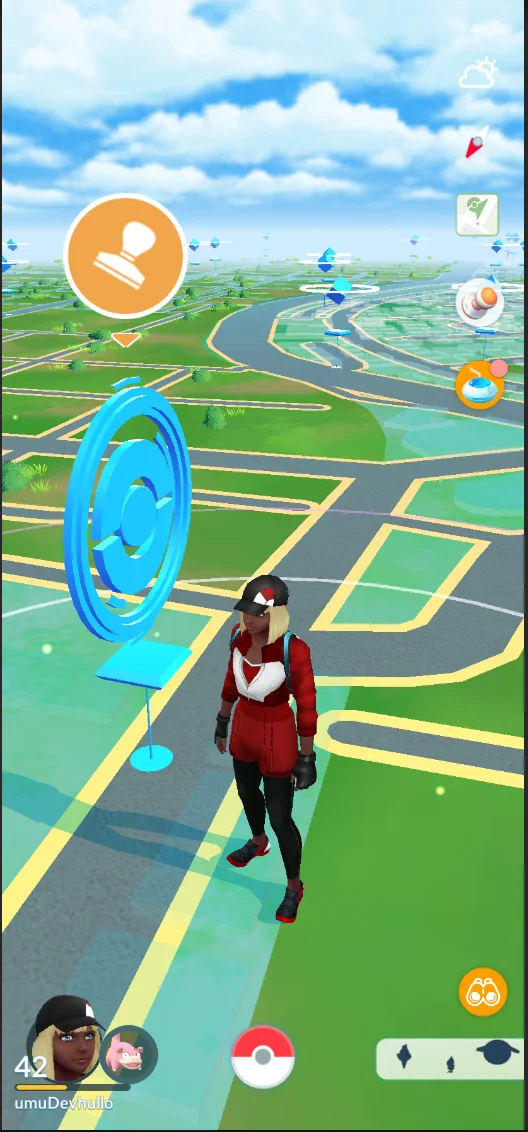 Pokémon GO map showing the orange Stamp Rally icon beside a PokéStop.