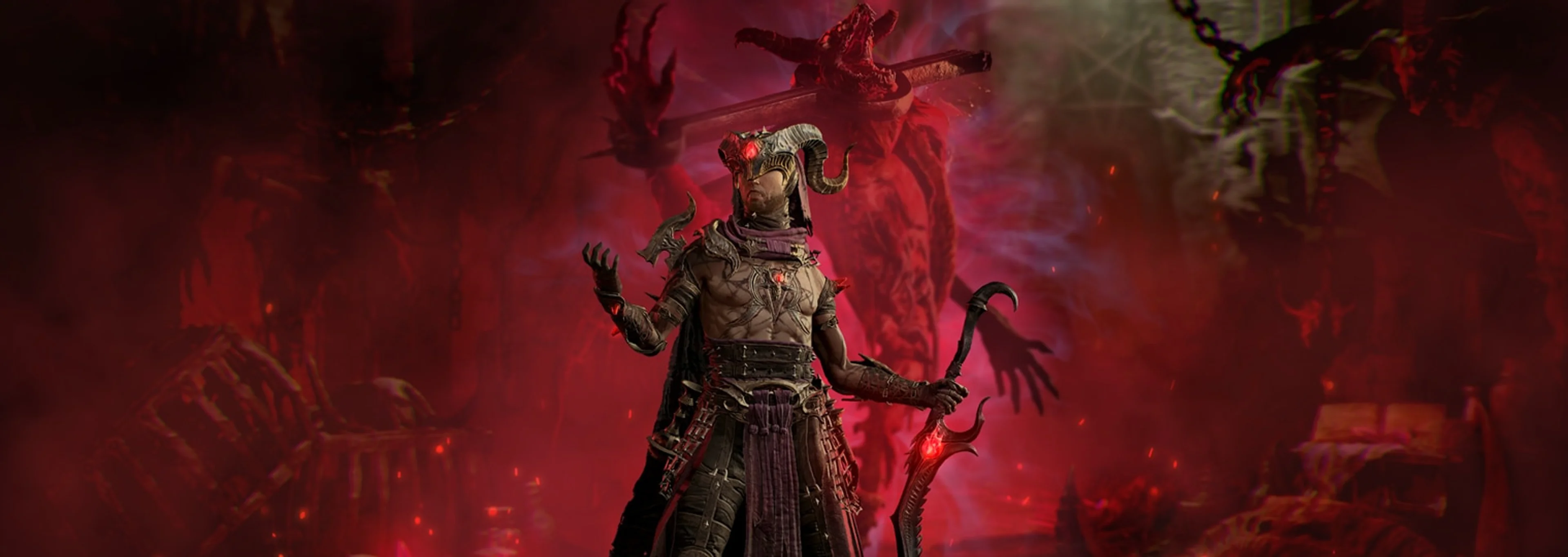The Warlock stands in a red chamber in official Diablo IV artwork.