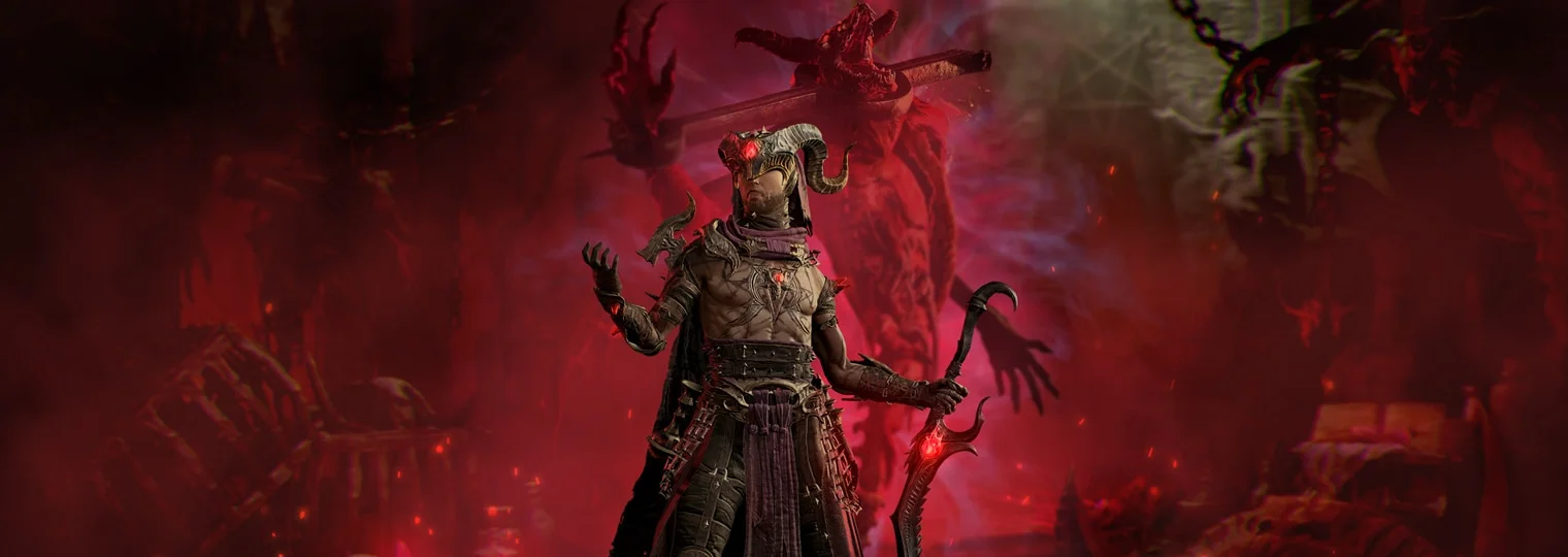 The Warlock stands in a red chamber in official Diablo IV artwork.