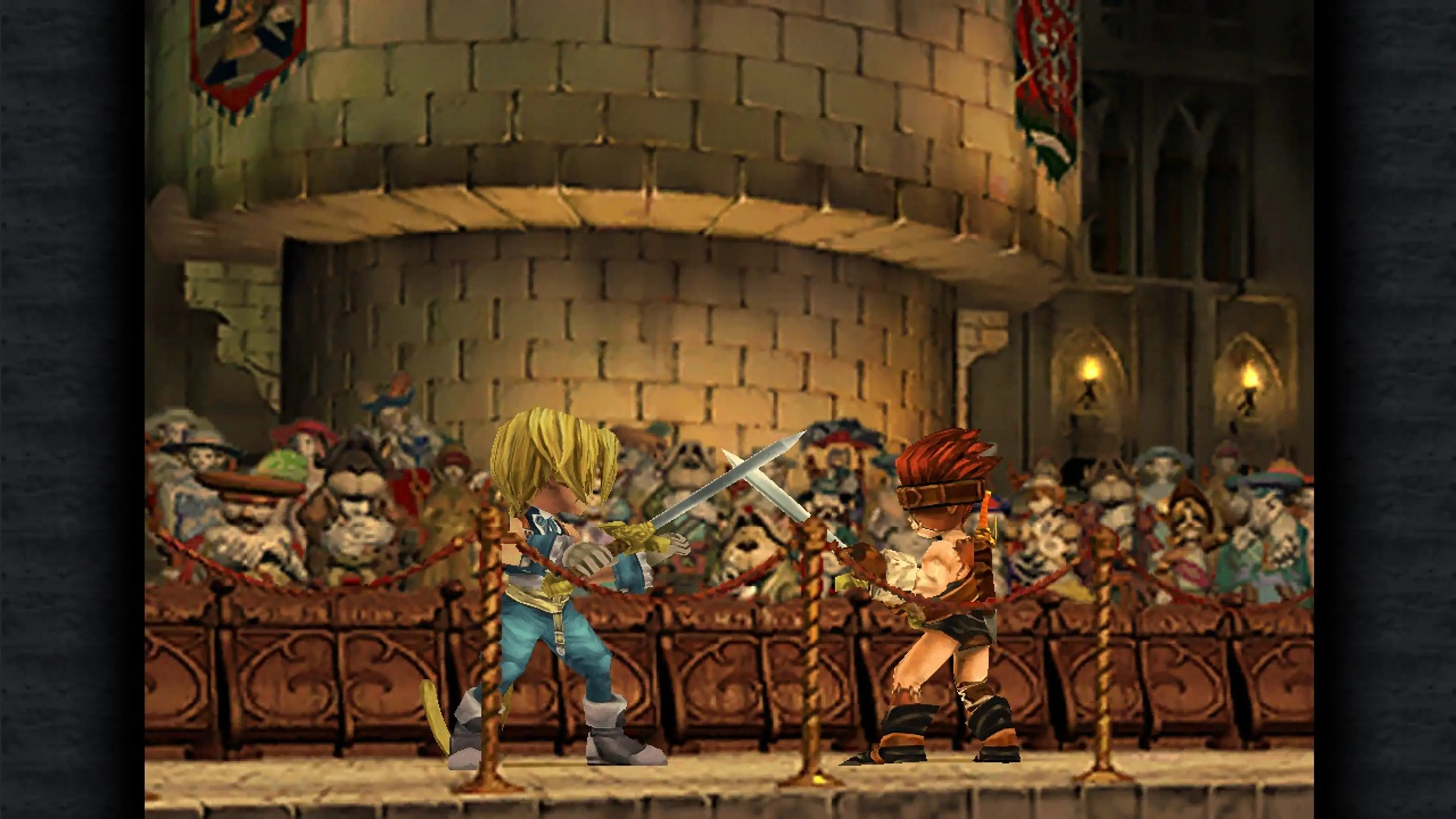 Zidane and Blank on stage, shown in the PC re-release of Final Fantasy IX.