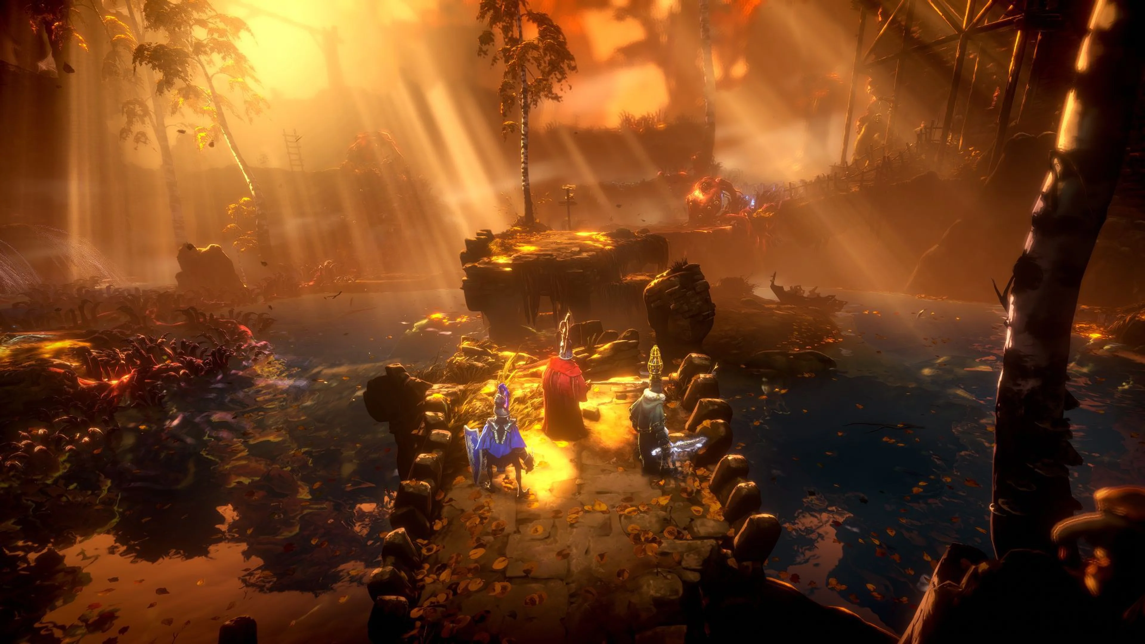Three characters stand on a sunlit path during gameplay in No Rest for the Wicked.