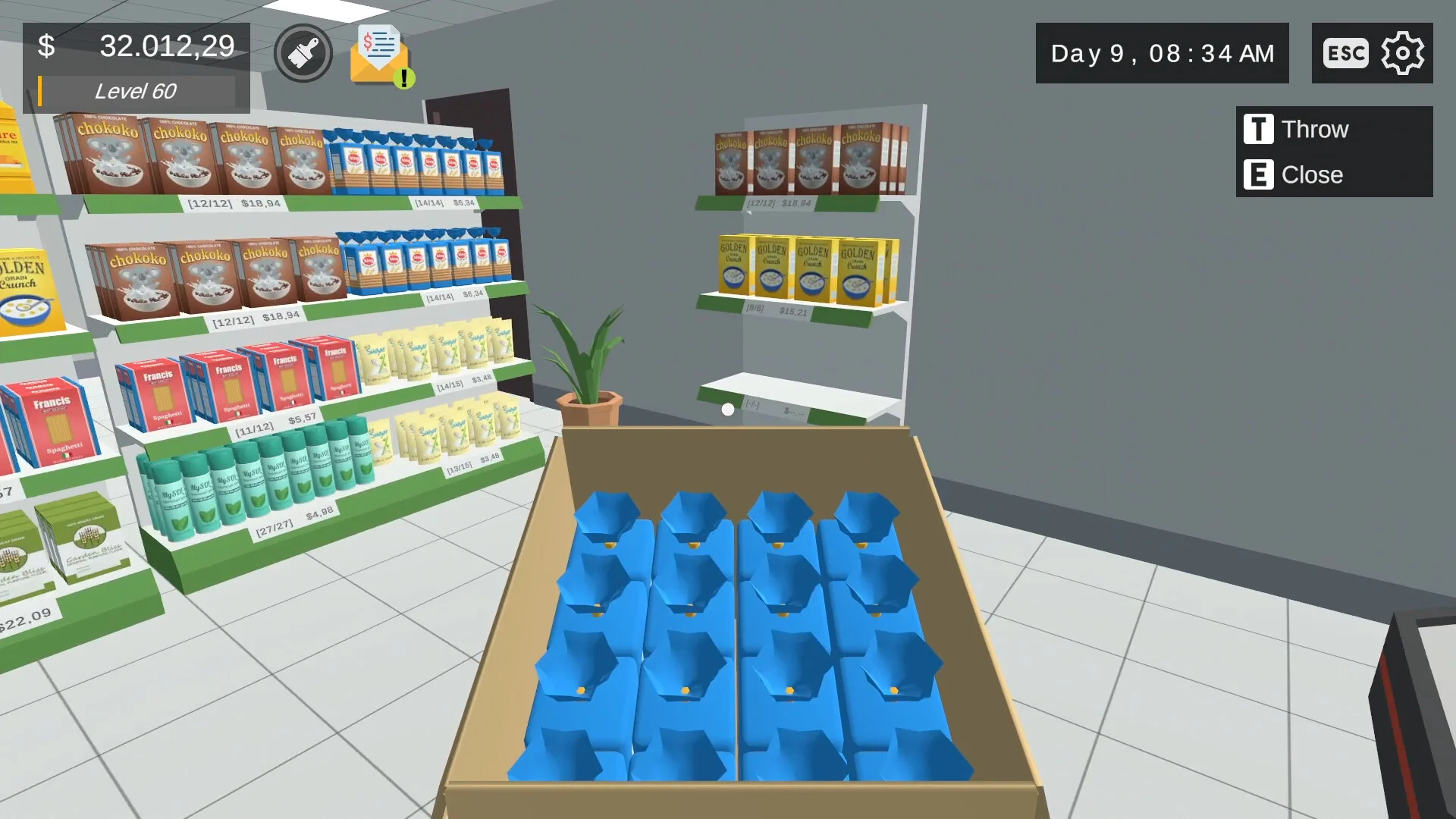 A player holds goods beside store shelves in Supermarket Life Simulator.