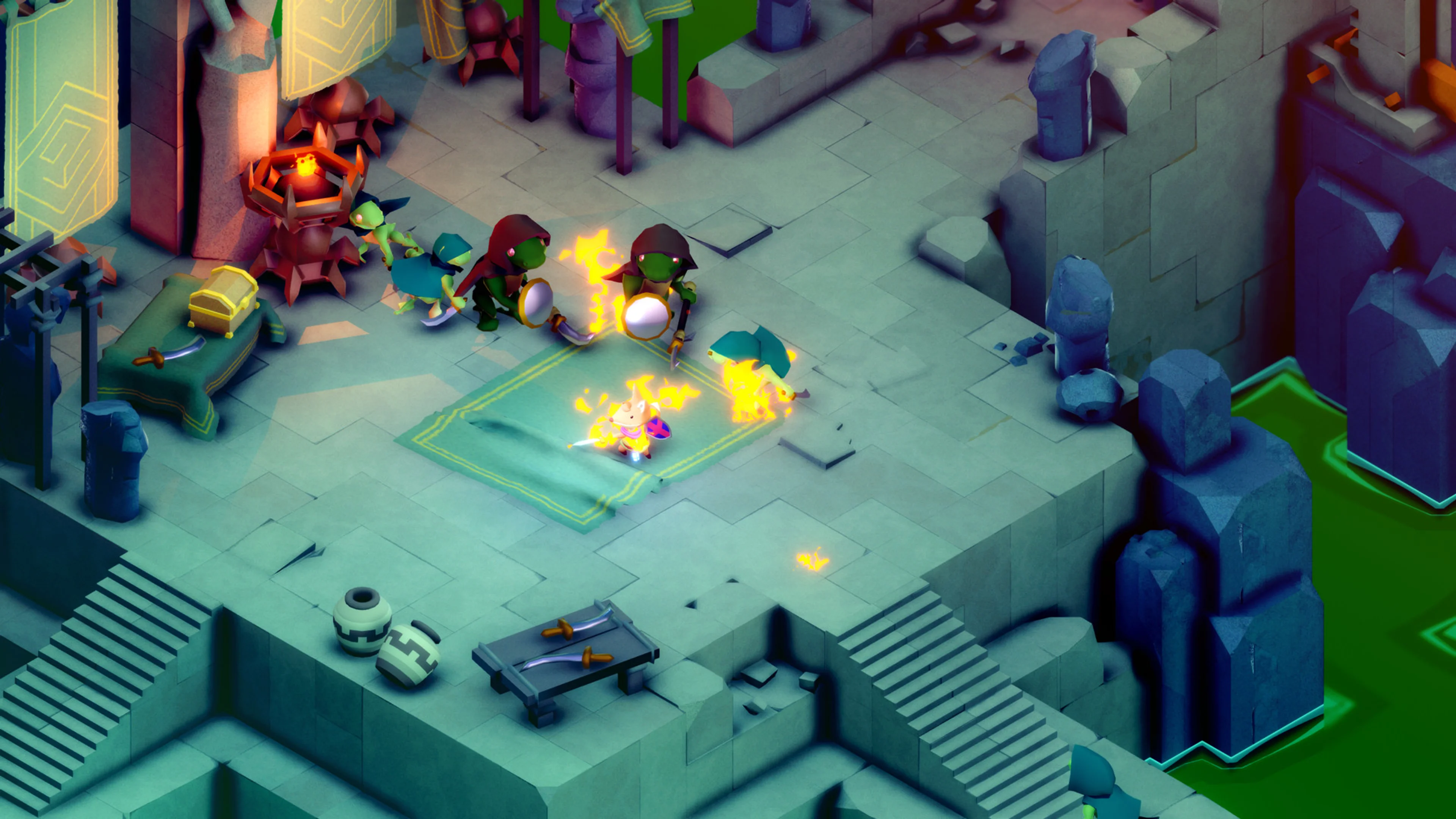 A small fox fights an enemy in the isometric world of TUNIC.