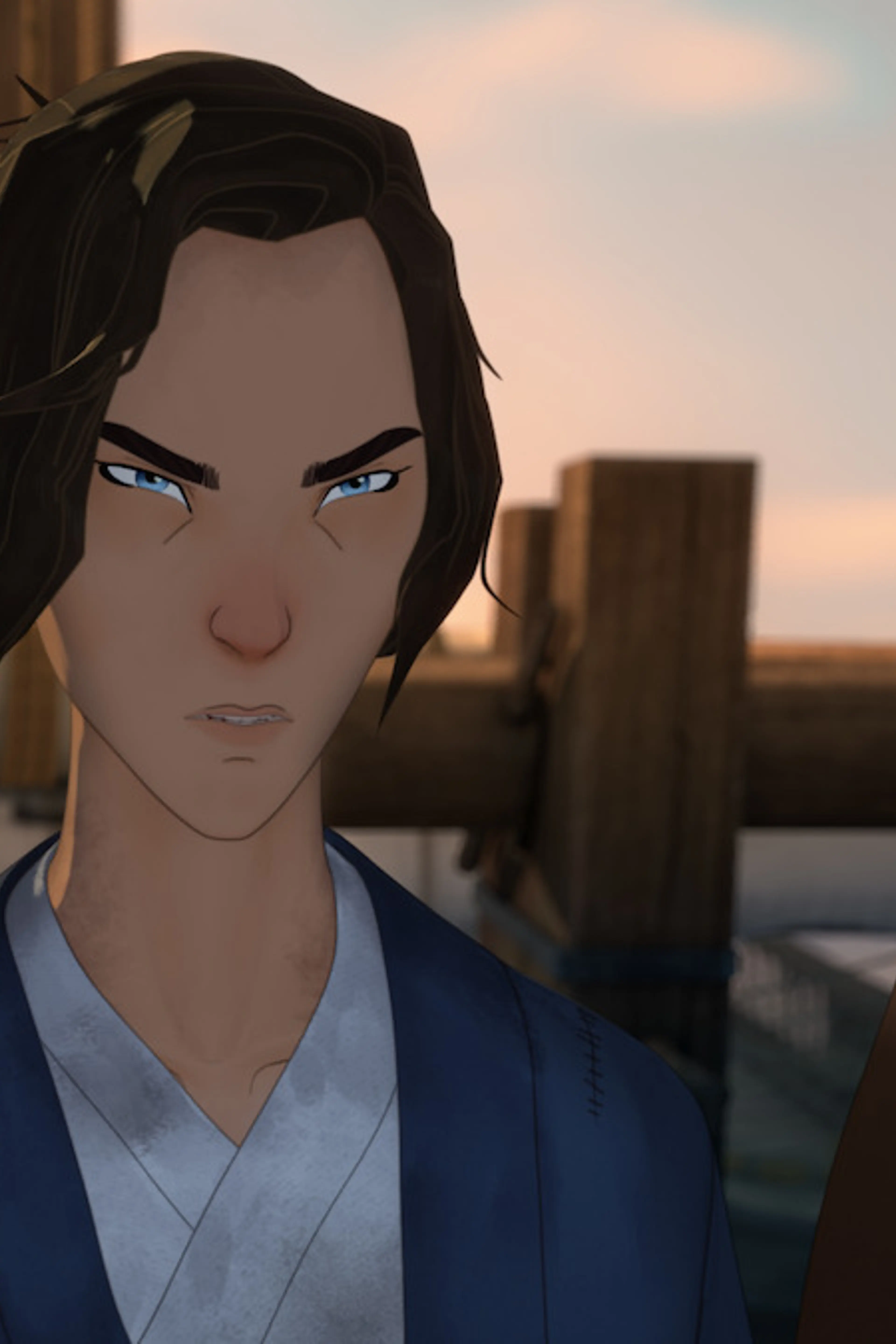 Mizu stands on a dock in an official Blue Eye Samurai Season 2 still.