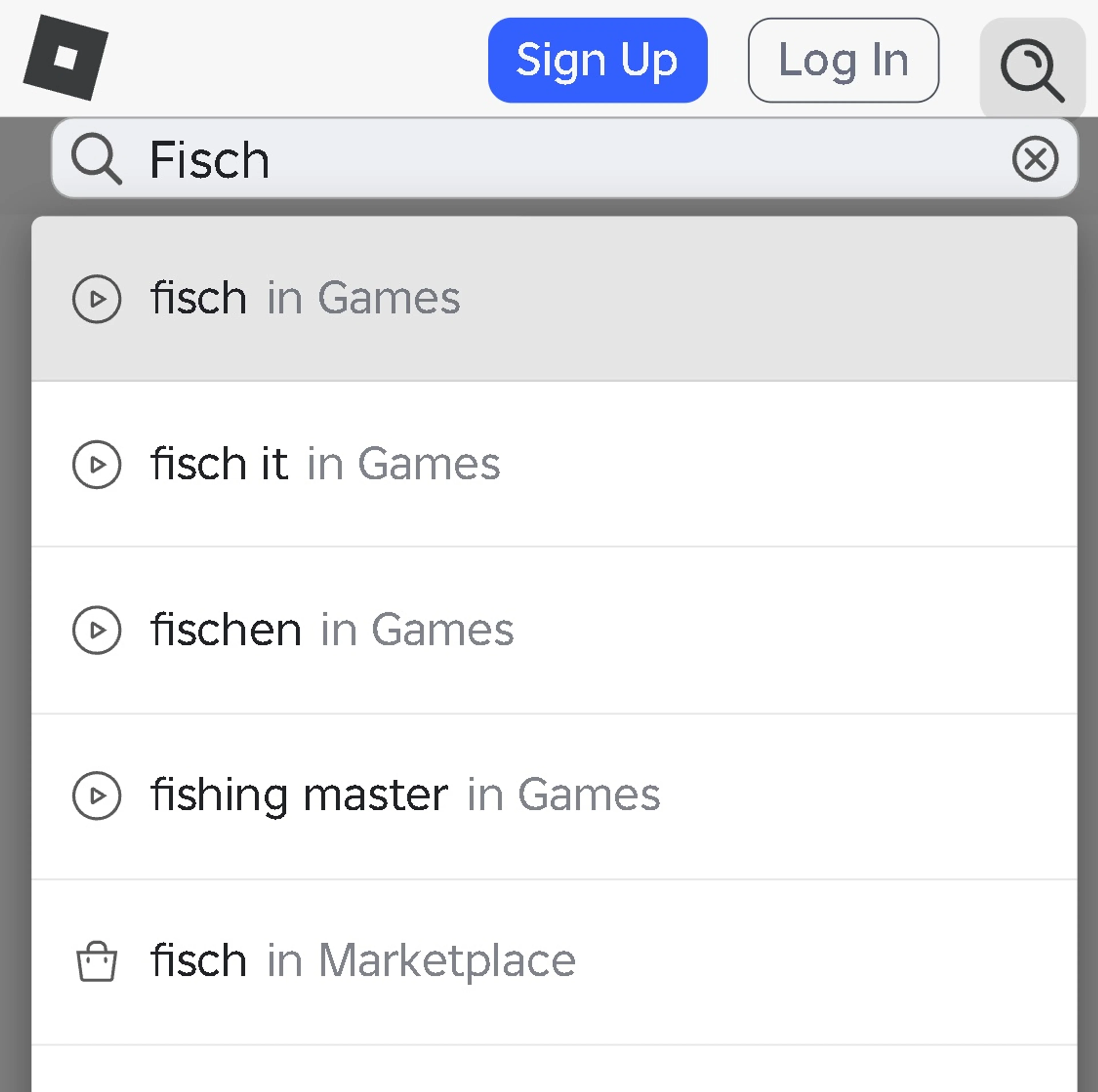 Roblox’s mobile search field contains Fisch, with fisch in Games above the Marketplace suggestion.