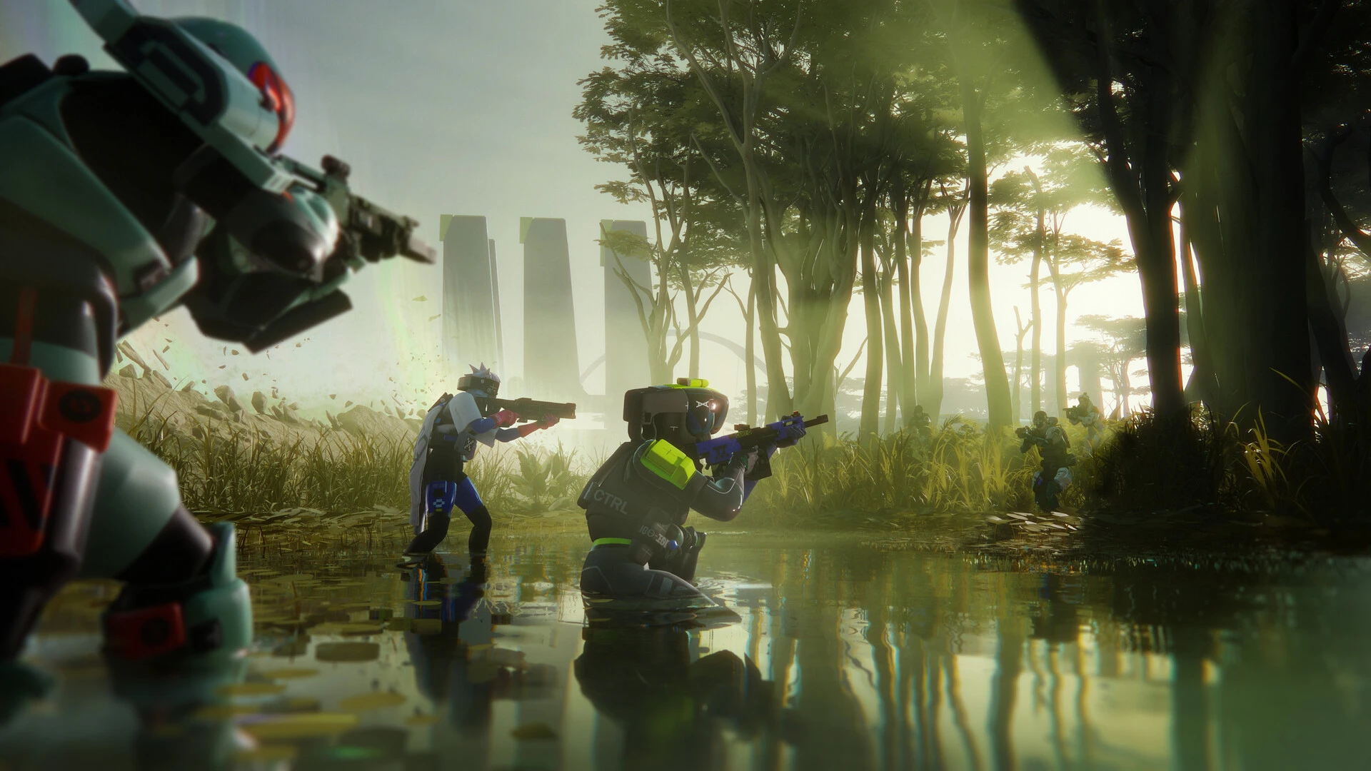 Three Marathon Runners move through shallow water in a sunlit forest on Tau Ceti IV.