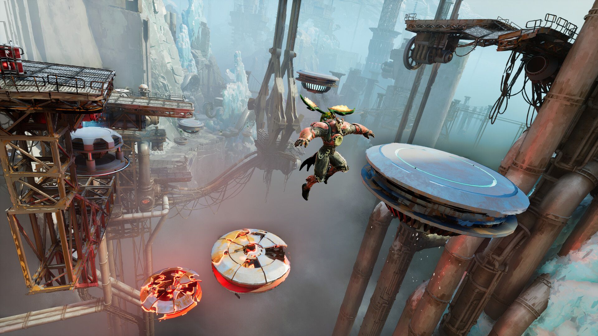 Victus and Elta jump between metal platforms above a deep drop.