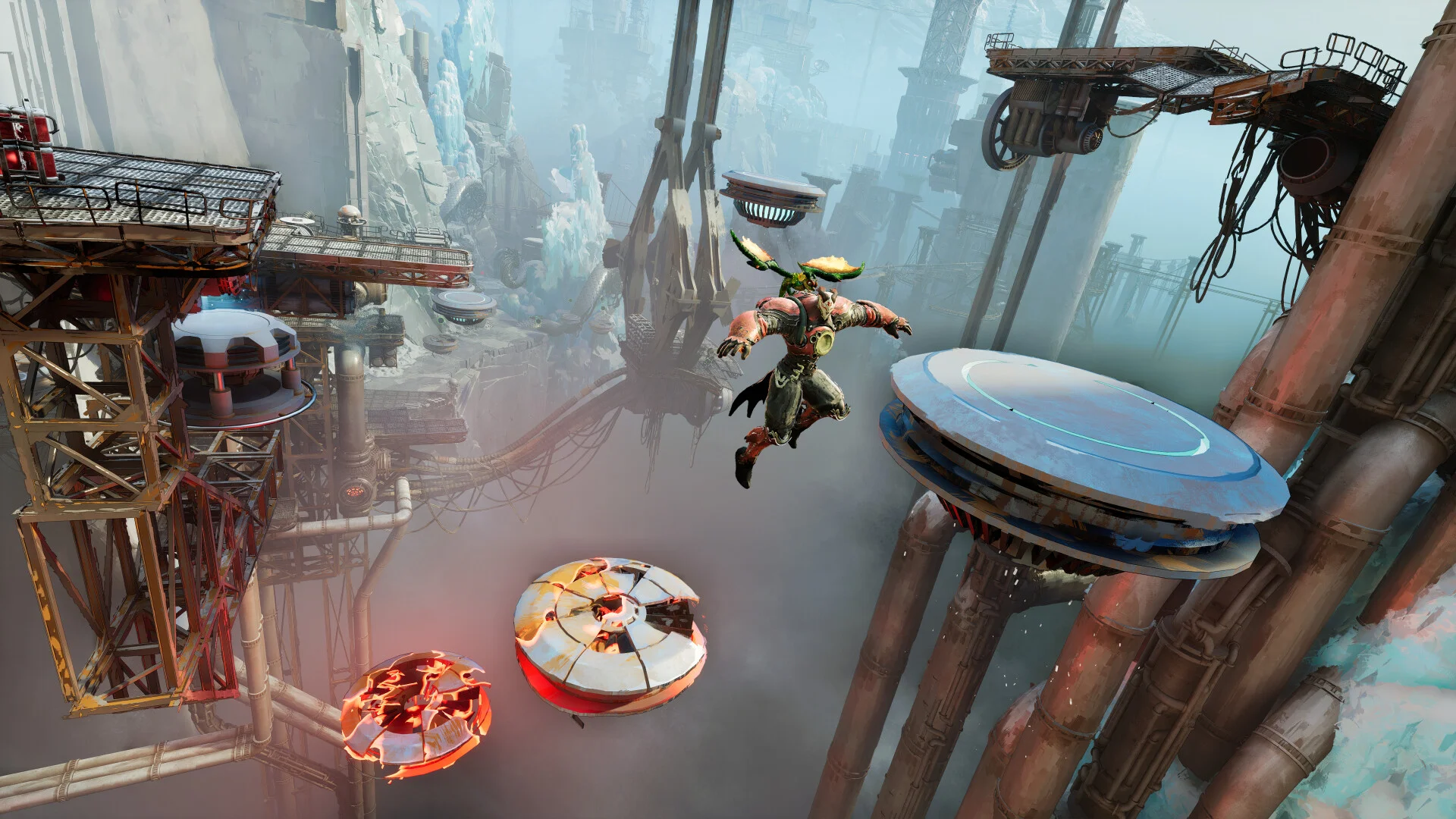 Victus and Elta jump between metal platforms above a deep drop.