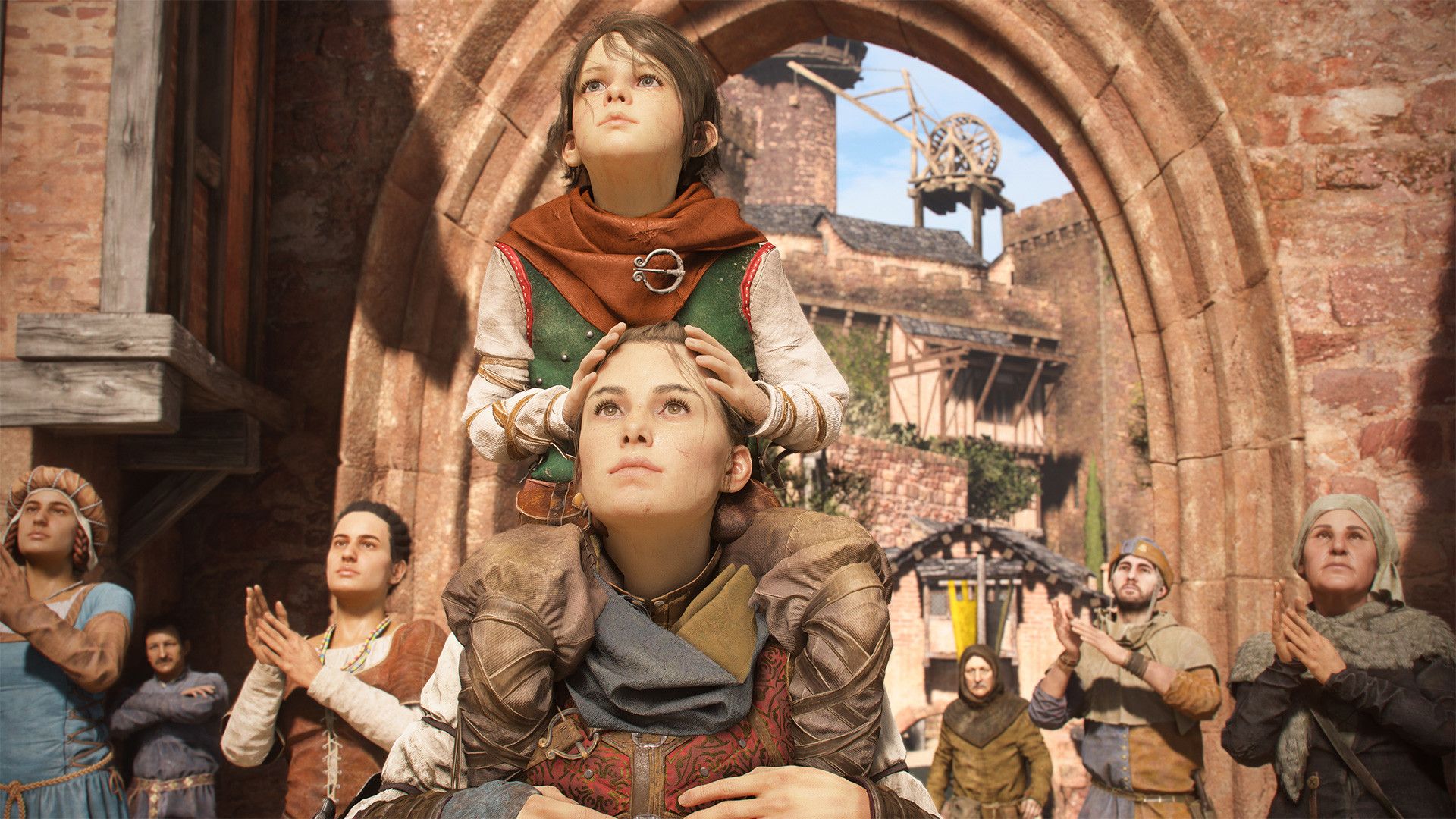 Hugo sits on Amicia’s shoulders among people in a sunlit town.