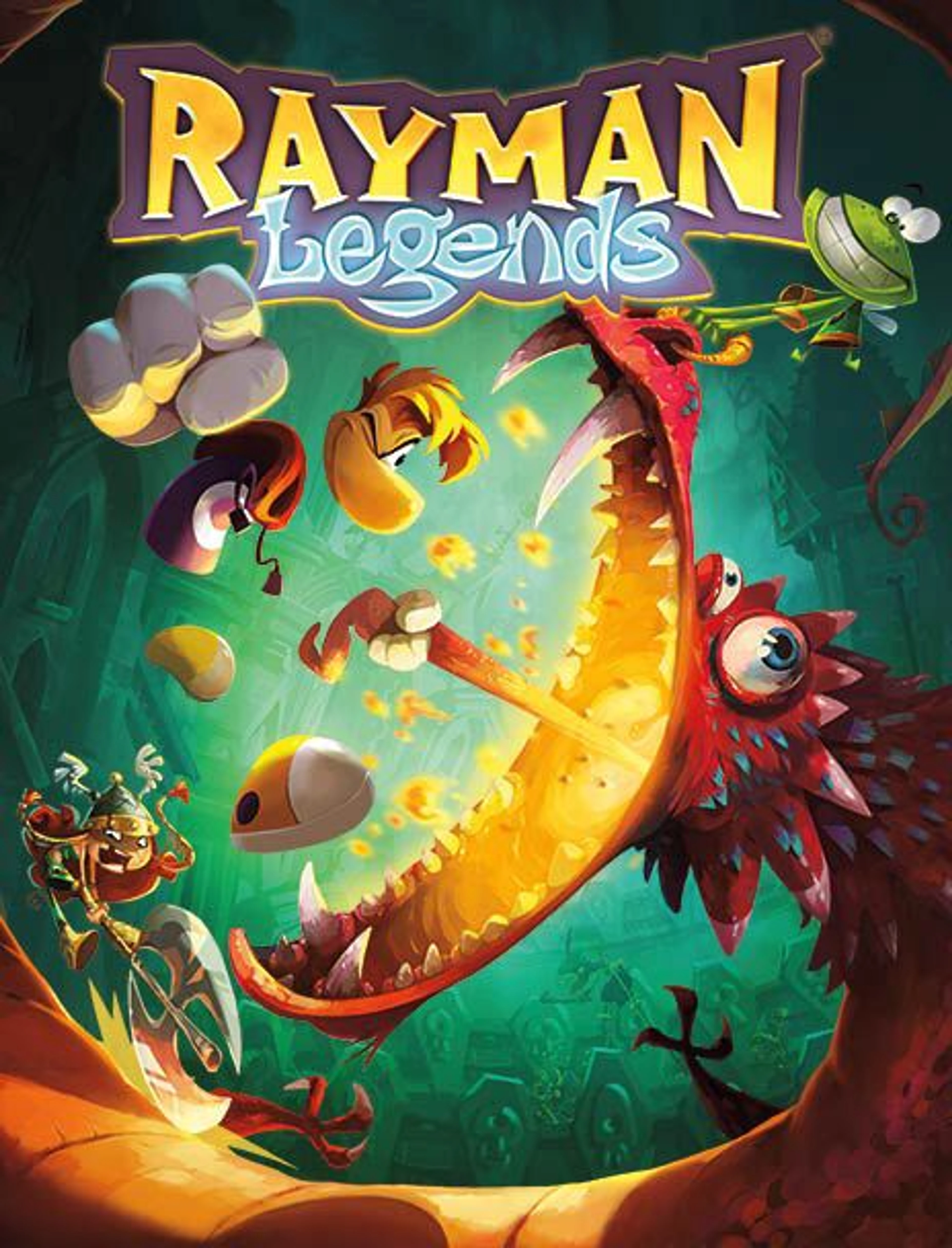 Official Rayman Legends art with Rayman confronting a large red creature.