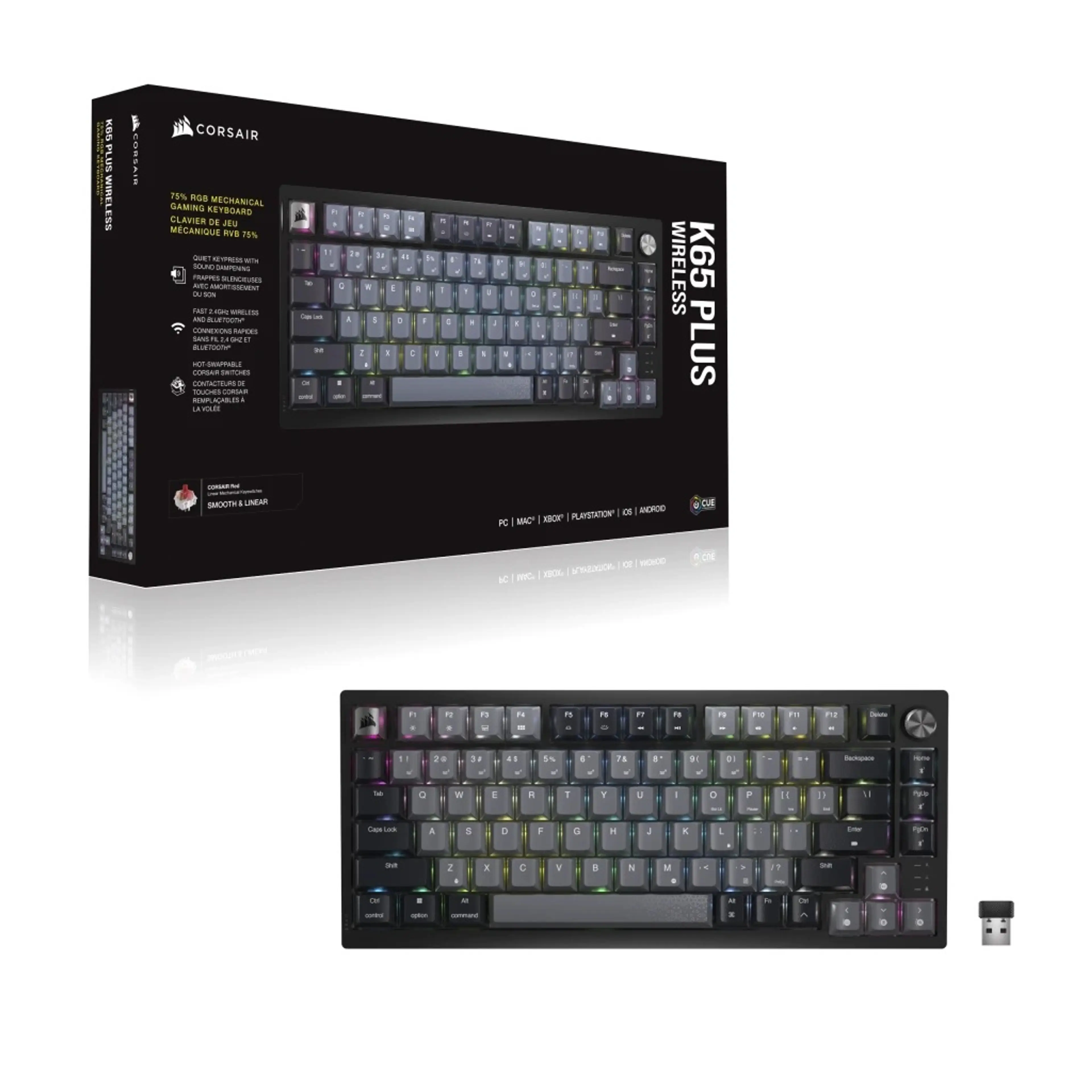 K65 Plus Wireless retail box beside the keyboard and USB receiver