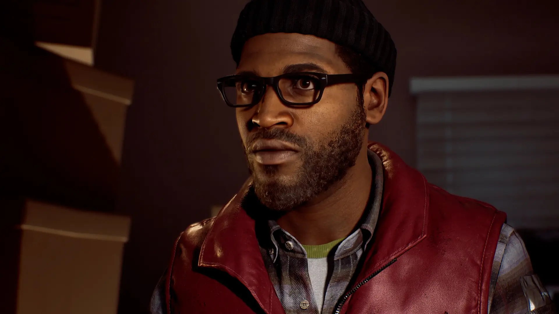 A Silent Hill: Townfall character in a red vest looks upward inside a dimly lit room.