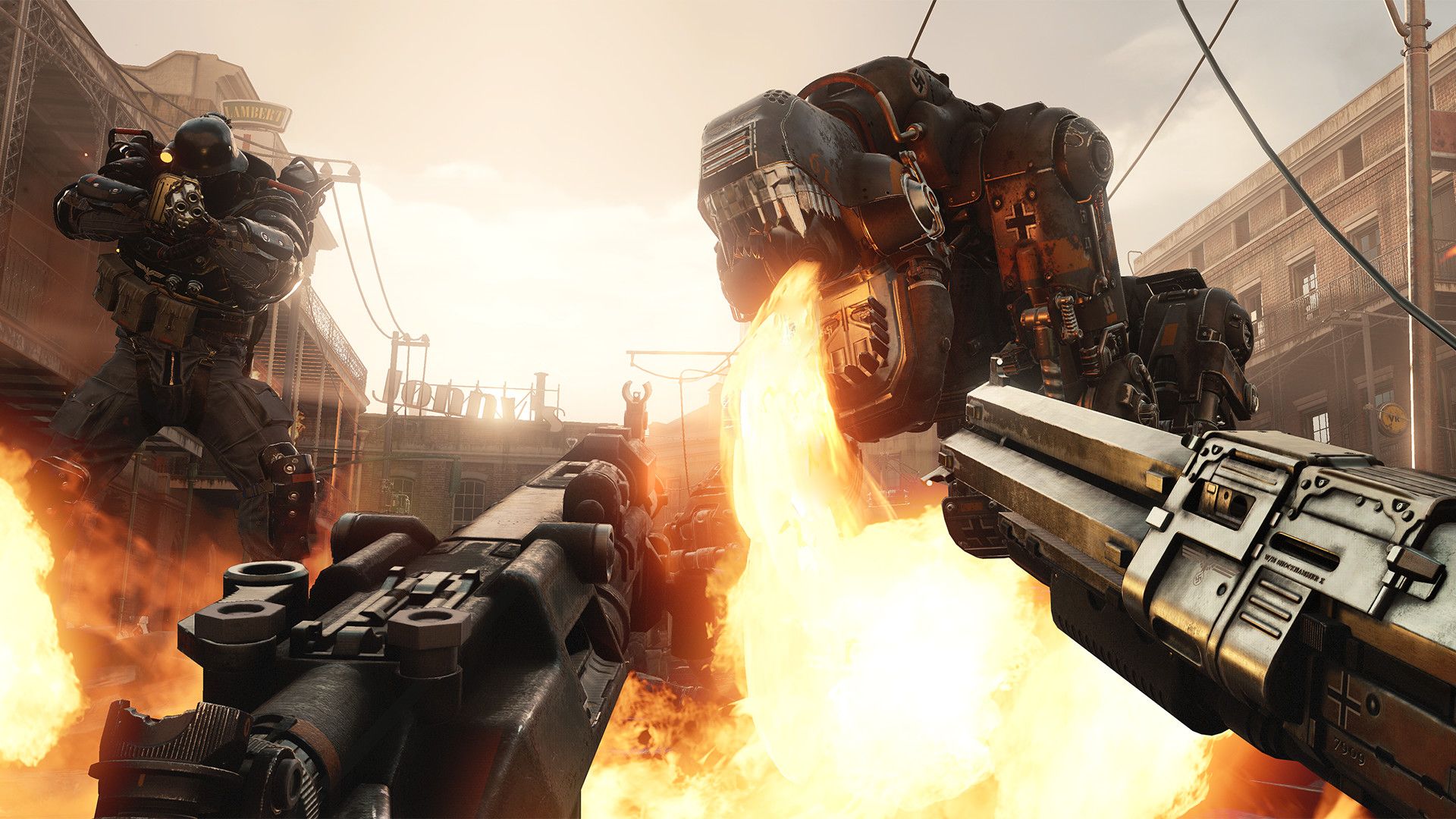 Two guns in the foreground aim at armored enemies and a large fire-breathing machine.