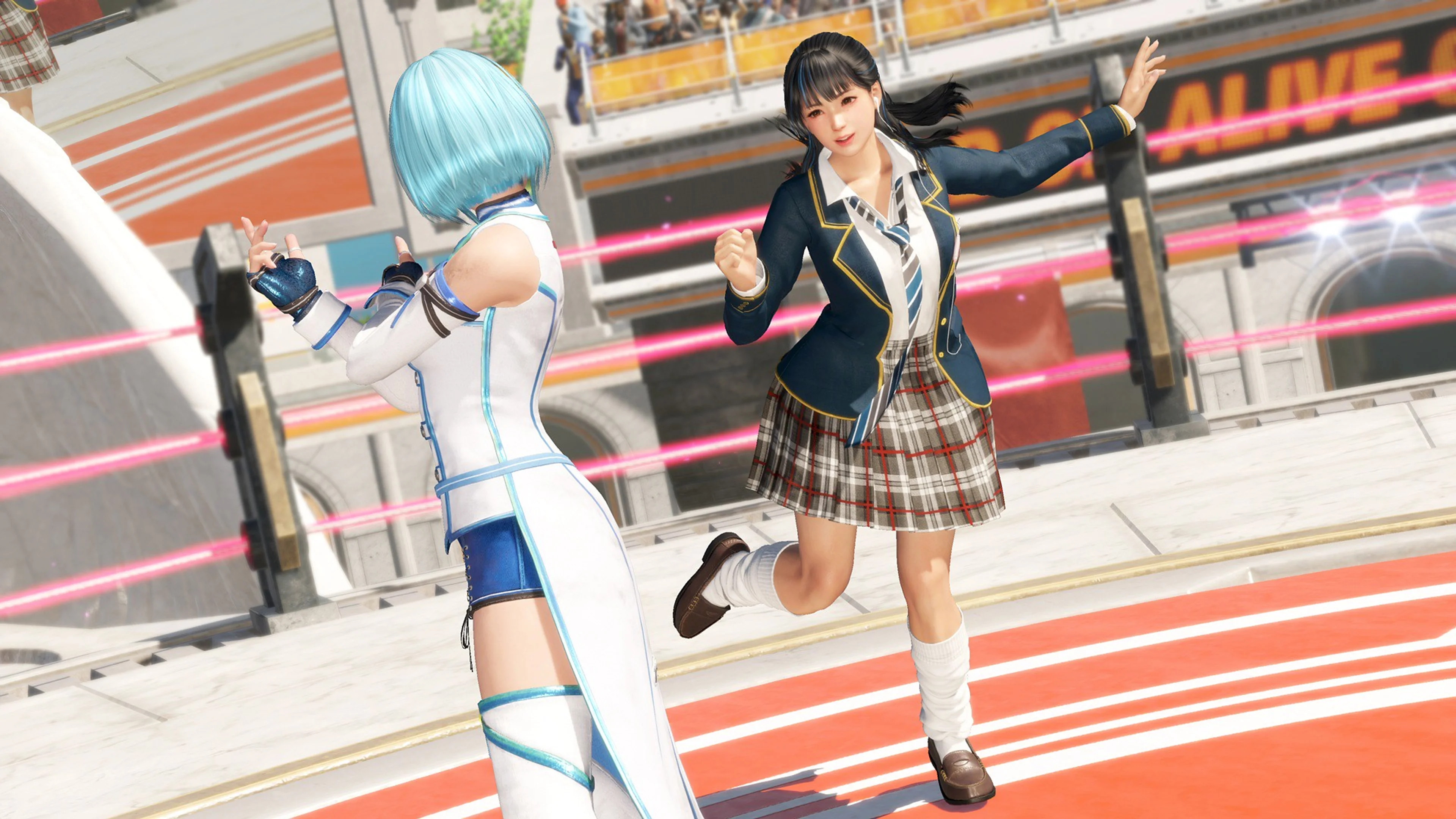 Minato approaches NiCO inside the Dead or Alive 6 Last Round arena.