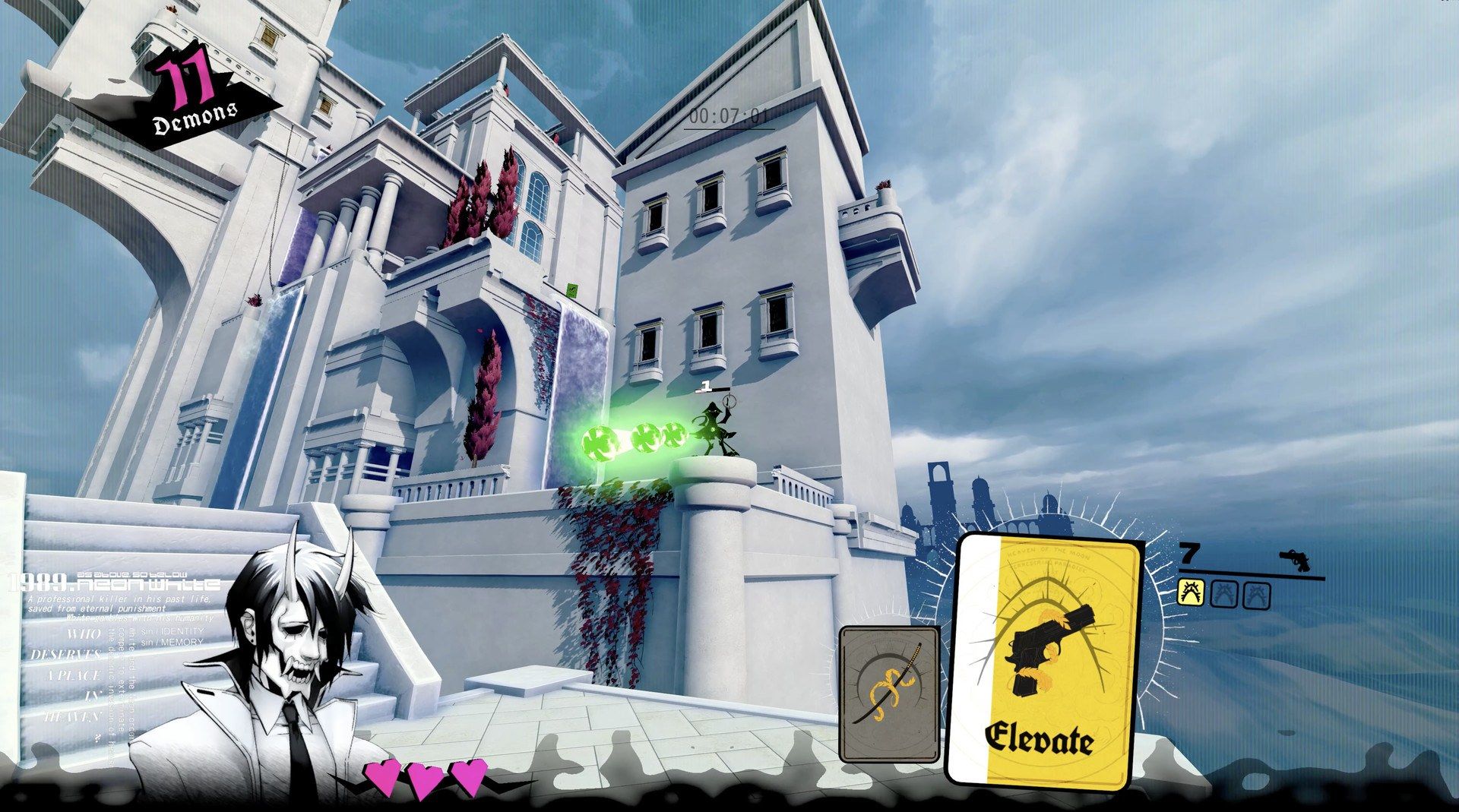 A first-person view shows a card and a fast route through a white city.