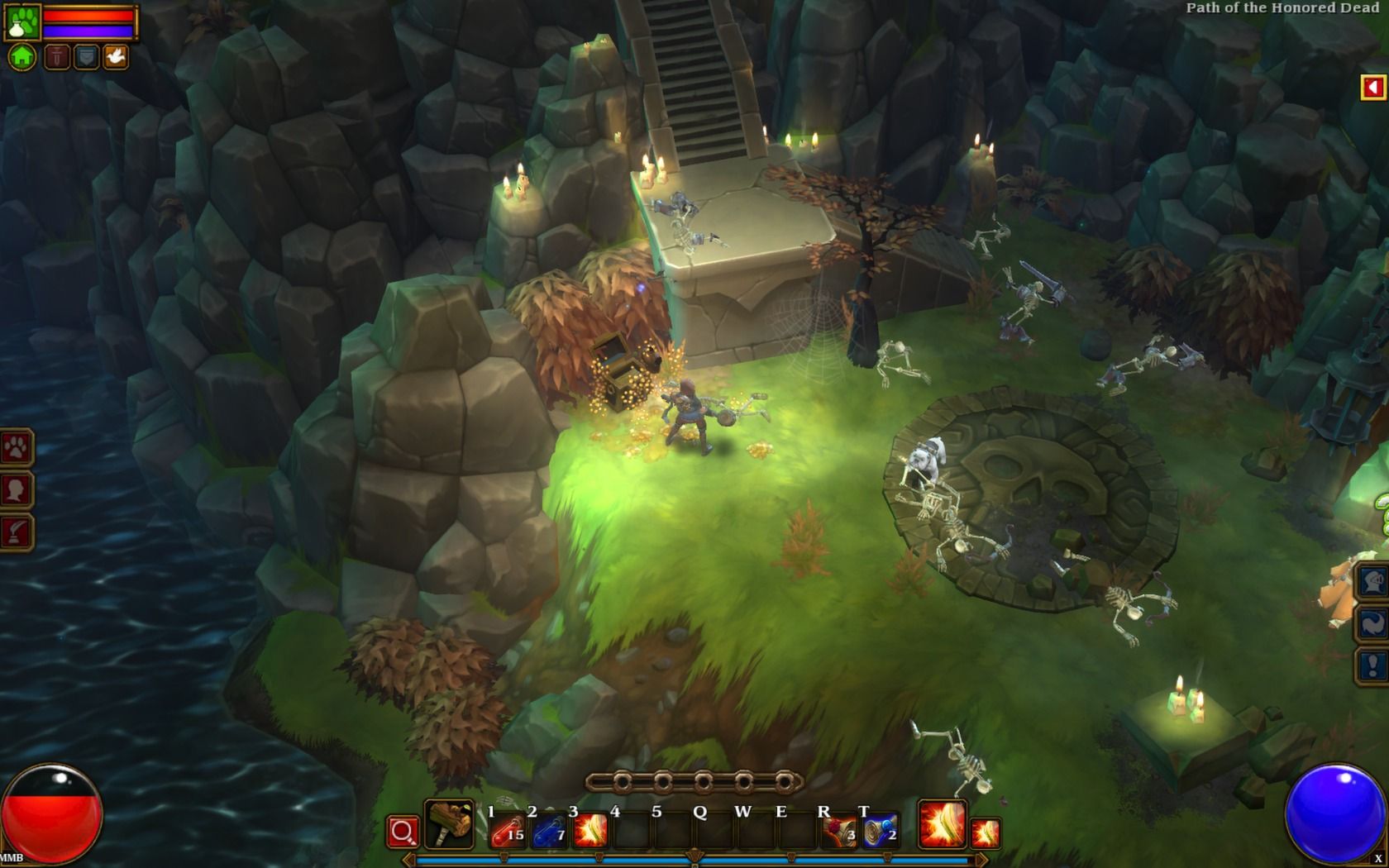 Torchlight II hero moves through stone ruins with loot and skeleton enemies.