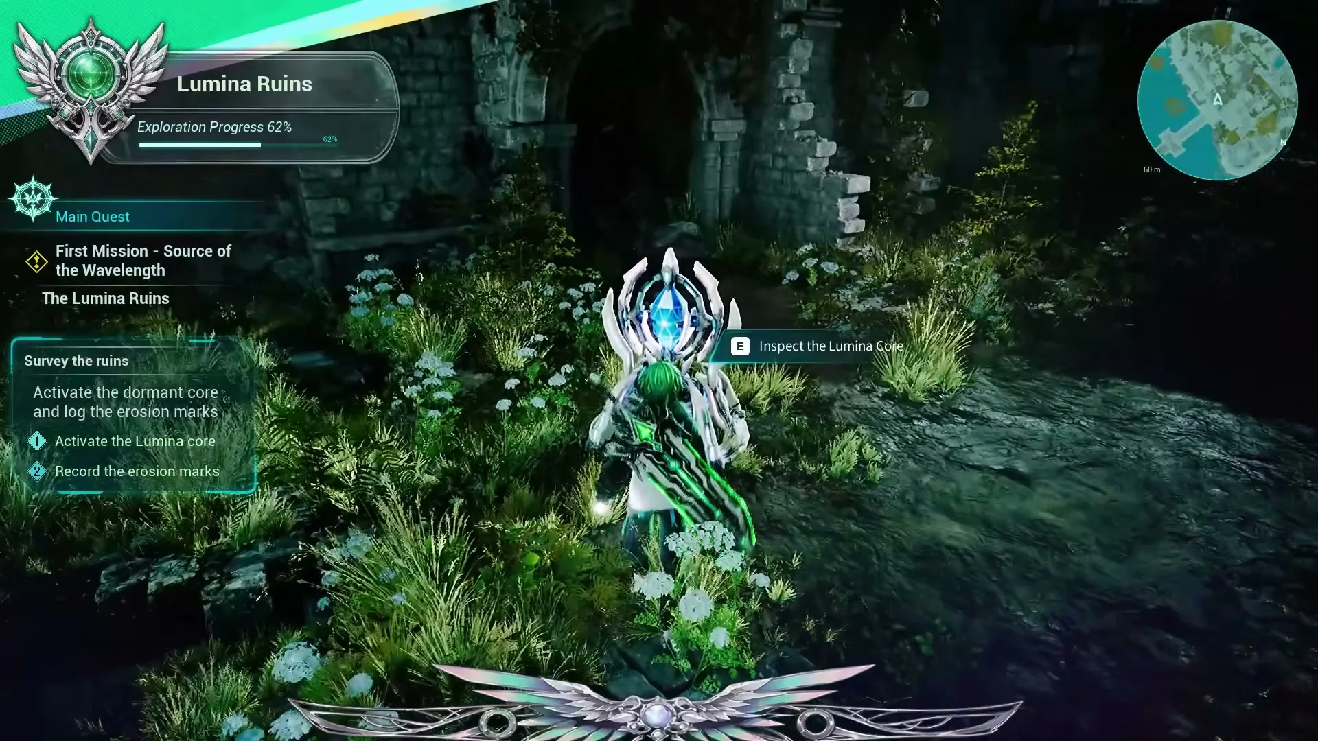 Kaito inspects a Lumina Core inside overgrown ruins during an academy mission.