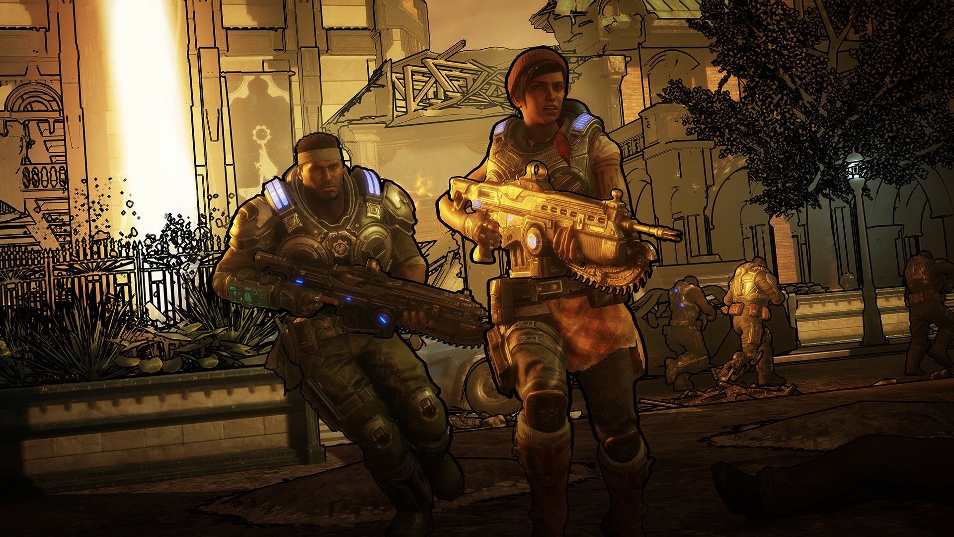 Two armed squad members move through a damaged city in Gears 5.