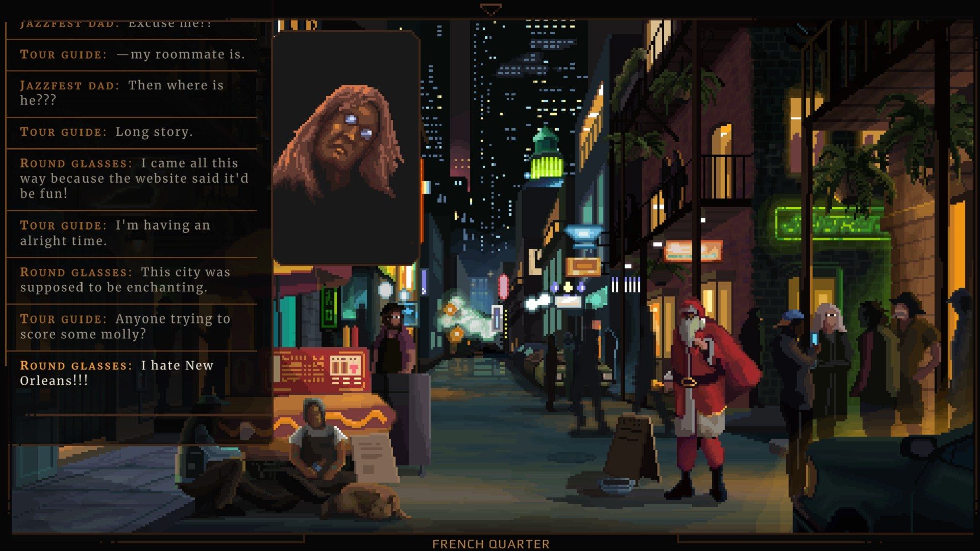 Kay talks to a character on a crowded nighttime street.
