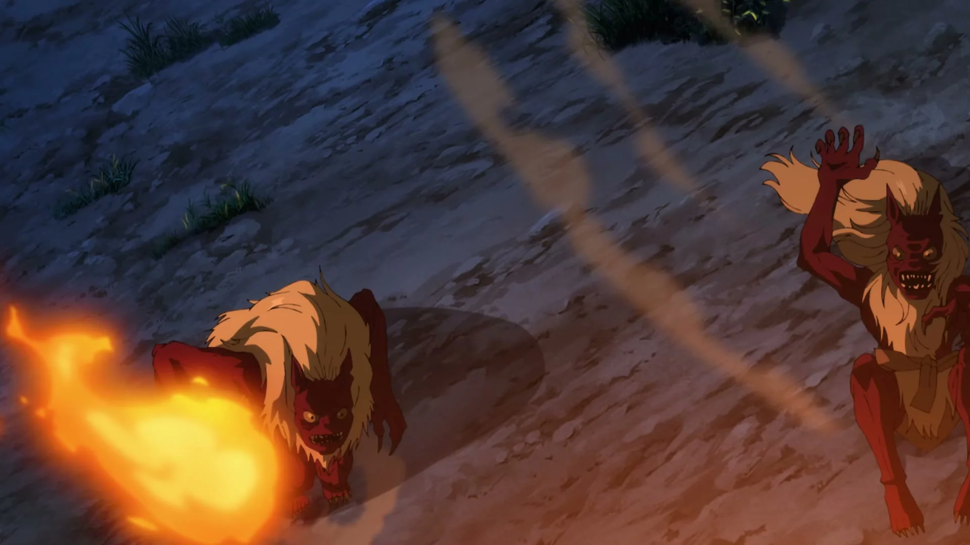 Red demon beasts charge across rocky ground as one breathes fire.