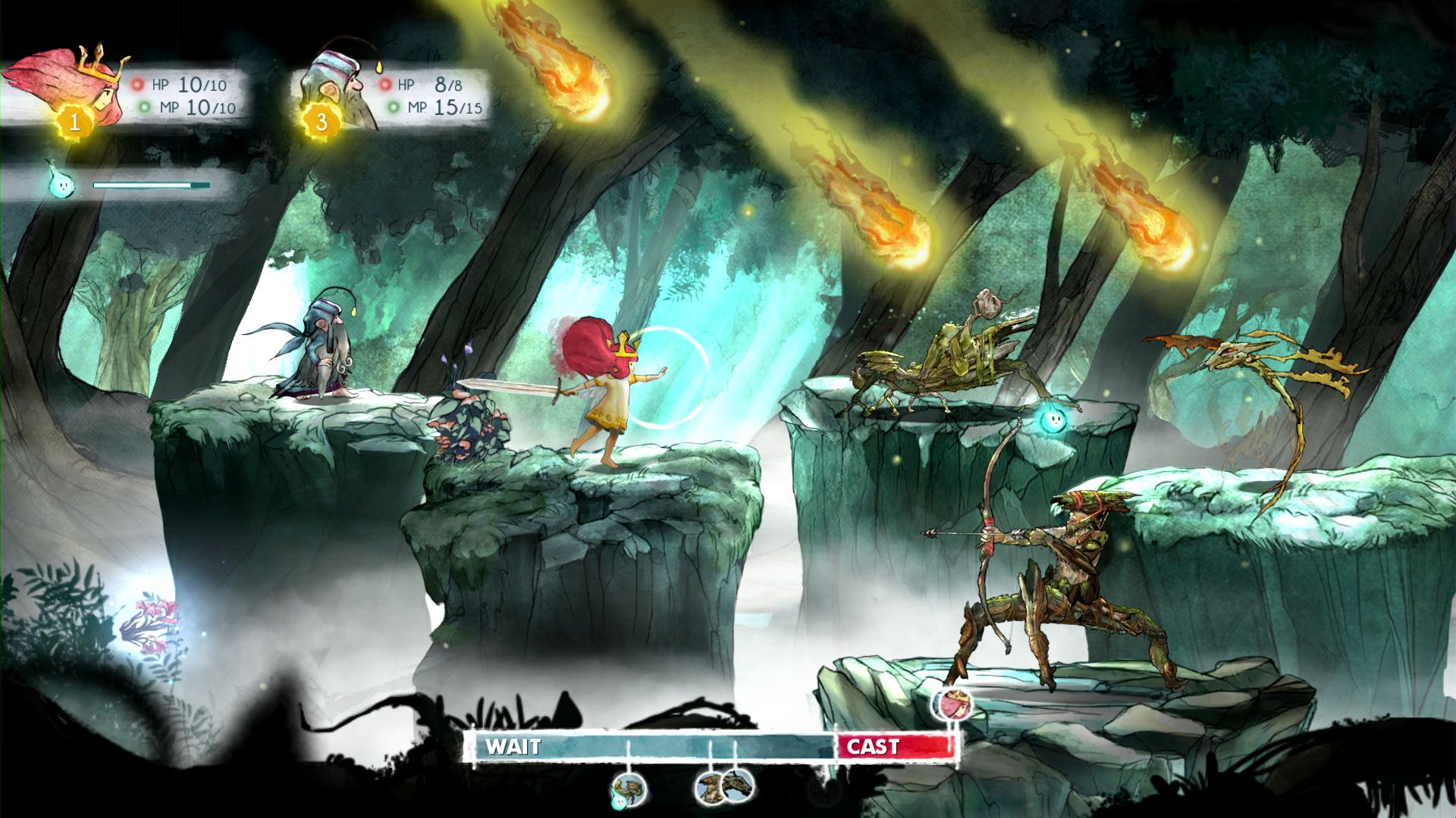 A turn-based battle shows the character commands and progress timeline.