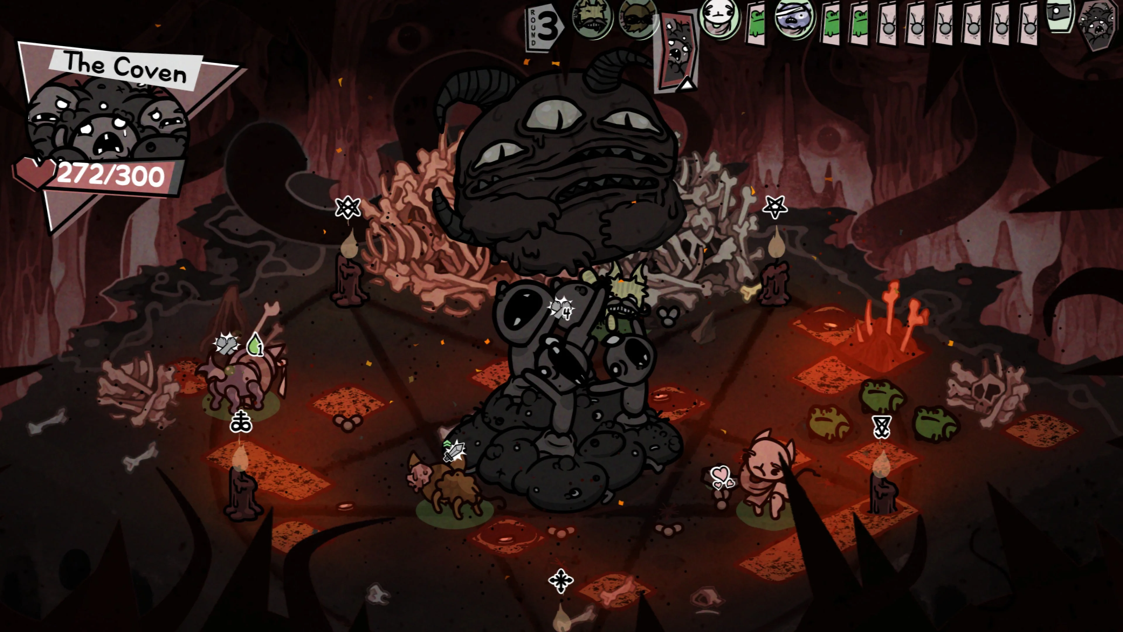 Four cats face the towering Coven boss across a red-lit tactical battlefield in Mewgenics.