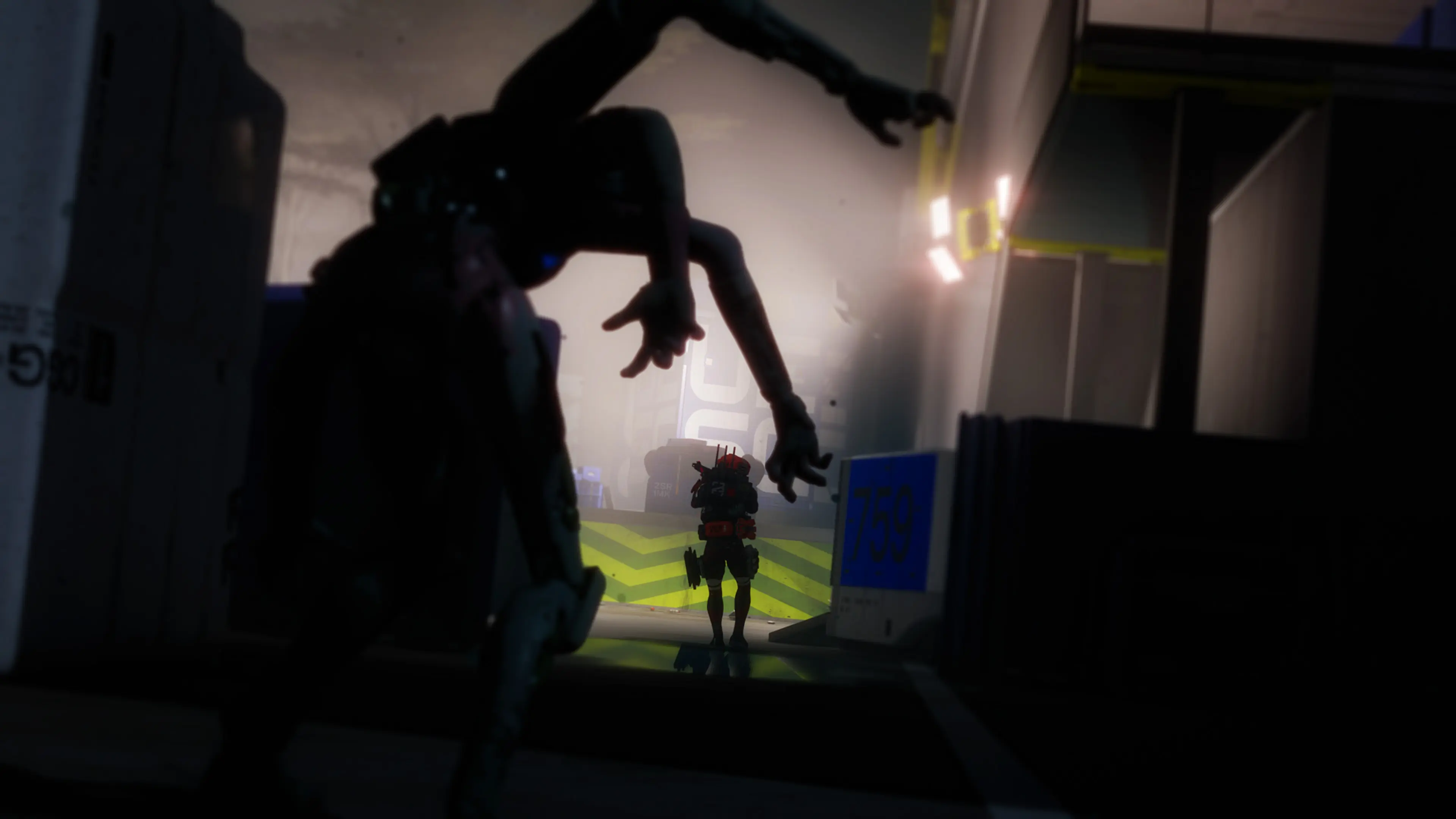 A Marathon Runner faces a long-limbed shadowy threat in a dim corridor.